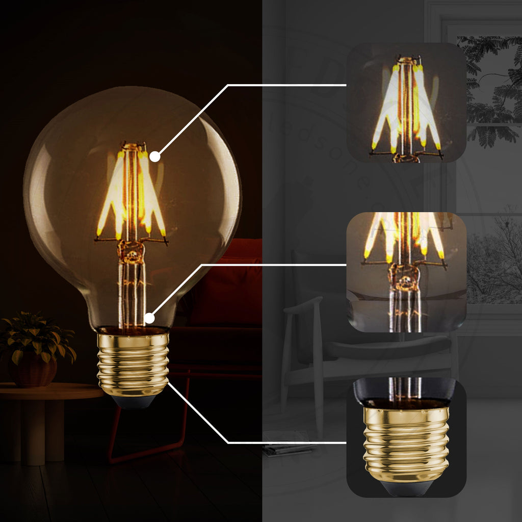 Vintage LED Filament E27 Globe Bulb, Amber Glass, Warm White Light