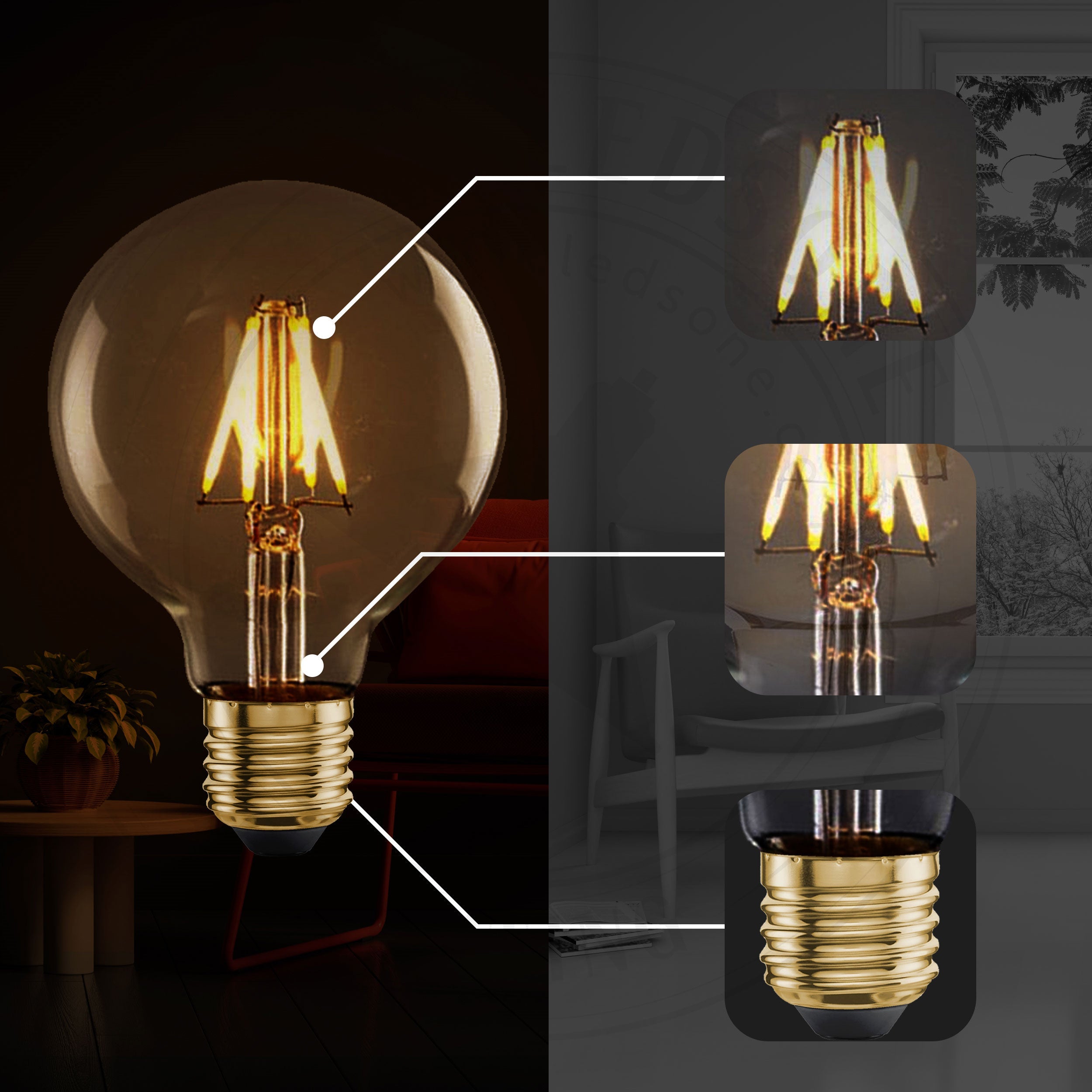 Vintage LED Filament E27 Globe Bulb, Amber Glass, Warm White Light
