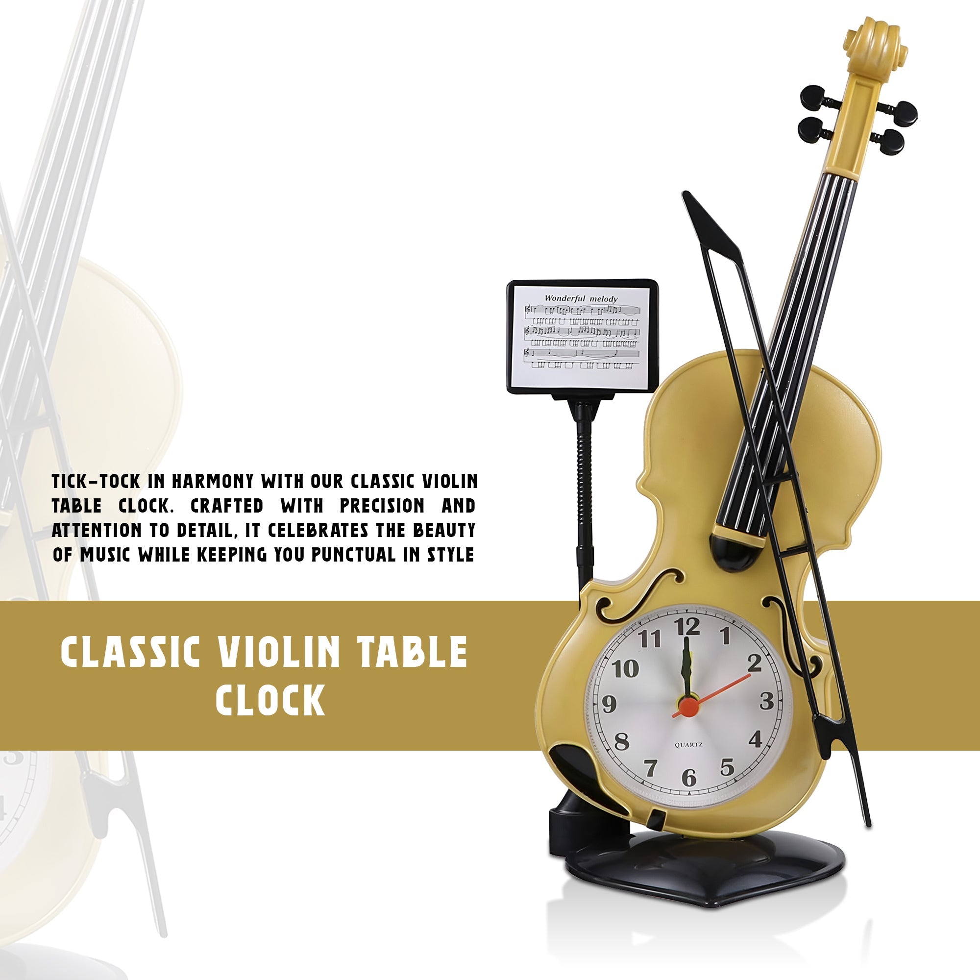 Elegant Violin Design Alarm Clock for Music Lovers, Decorative Bedside Table Clock