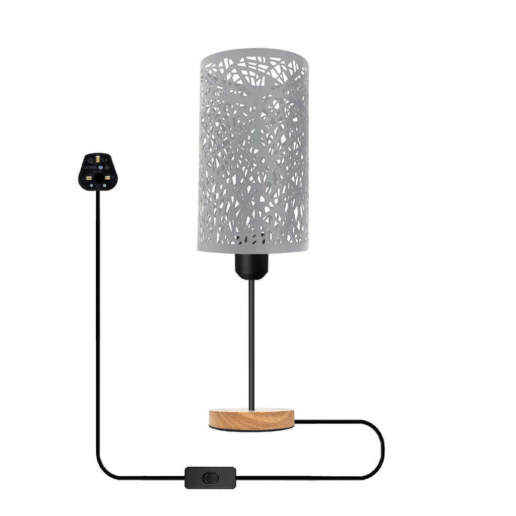 Industrial Metal Wire Cage Table Lamp, Wooden Base, E27 Bulb Socket, On/Off Switch