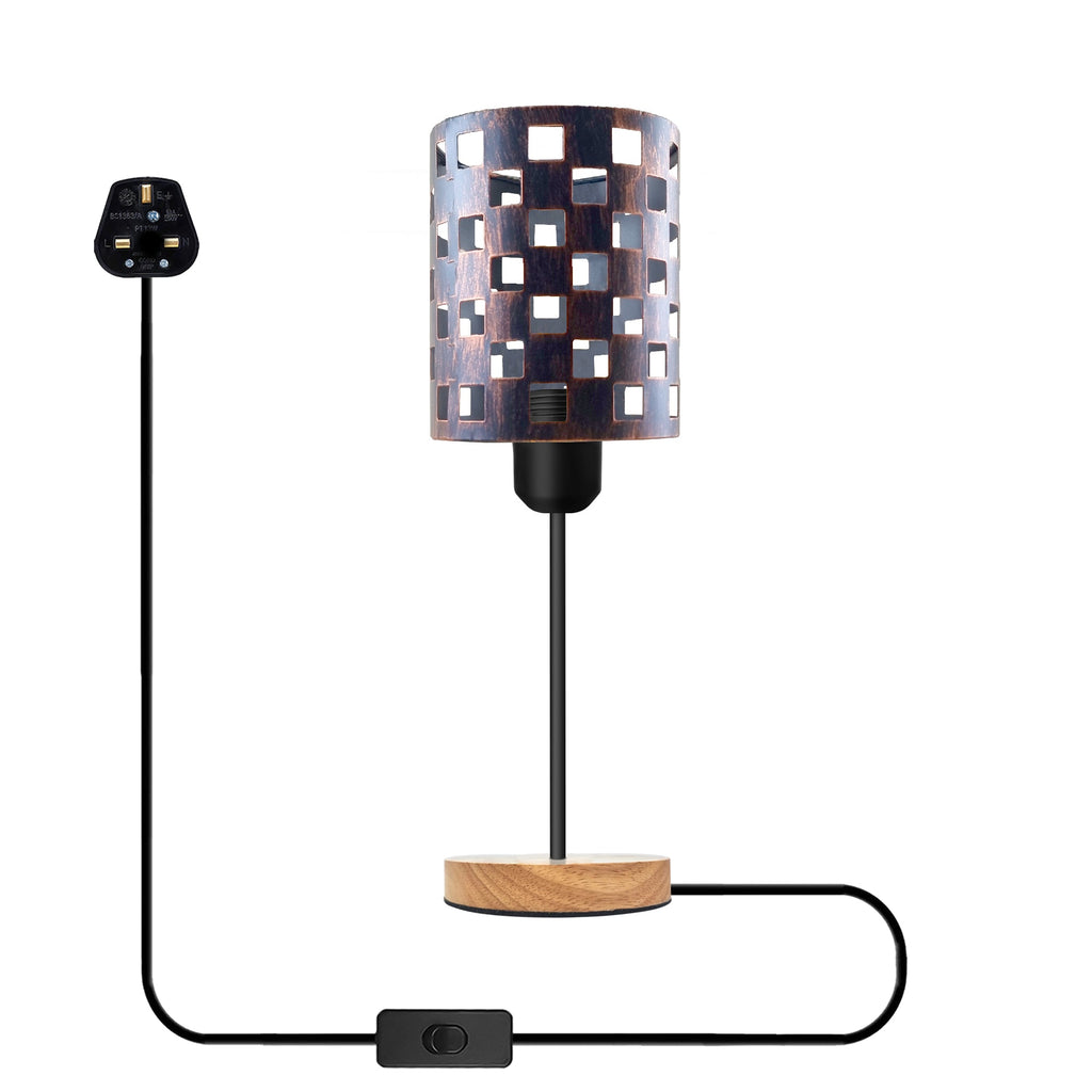 Industrial Metal Cage Table Lamp, Wooden Base, E27 Plugin On/Off Switch