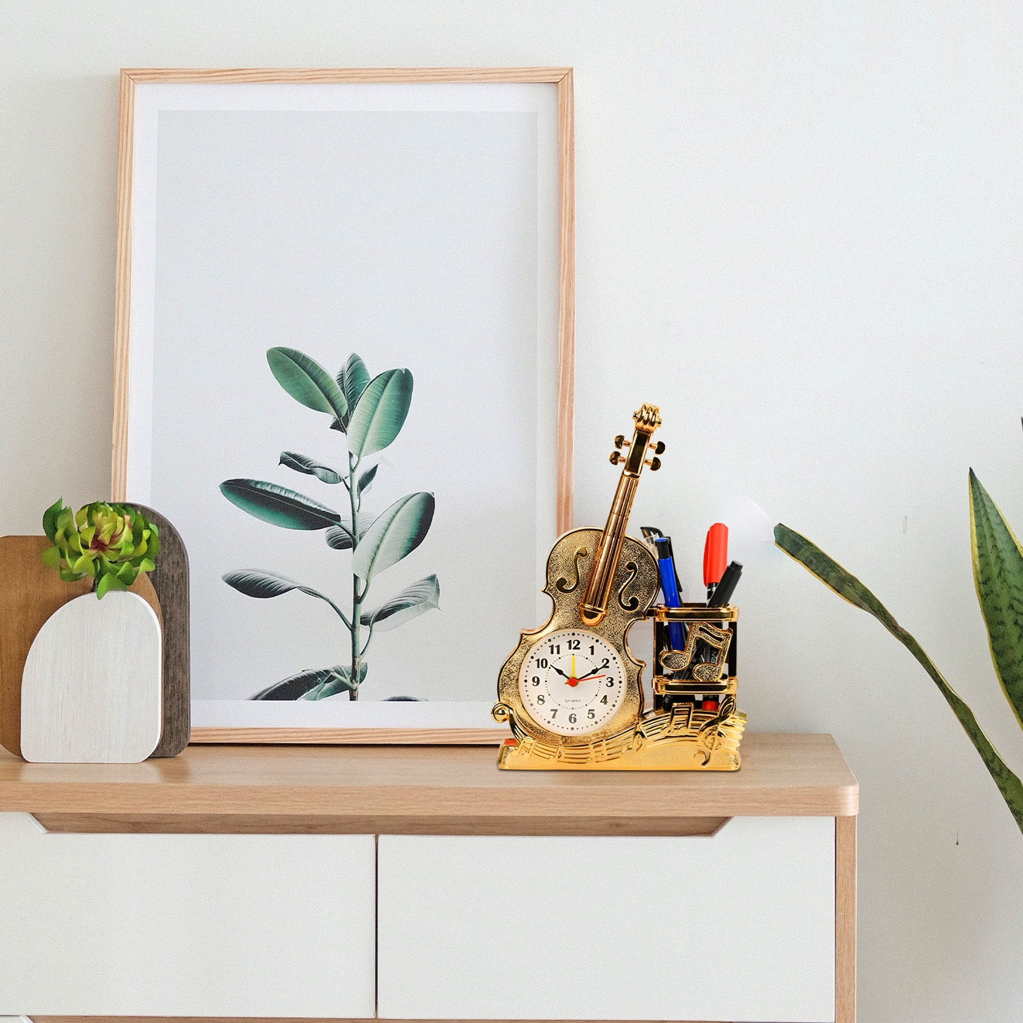 Violin Shape Mini Alarm Clock & Pen Holder for Home Decorations ~5225