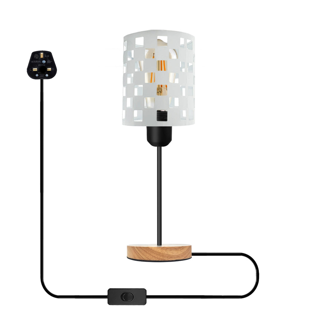 Industrial Metal Cage Table Lamp, Wooden Base, E27 Plugin On/Off Switch