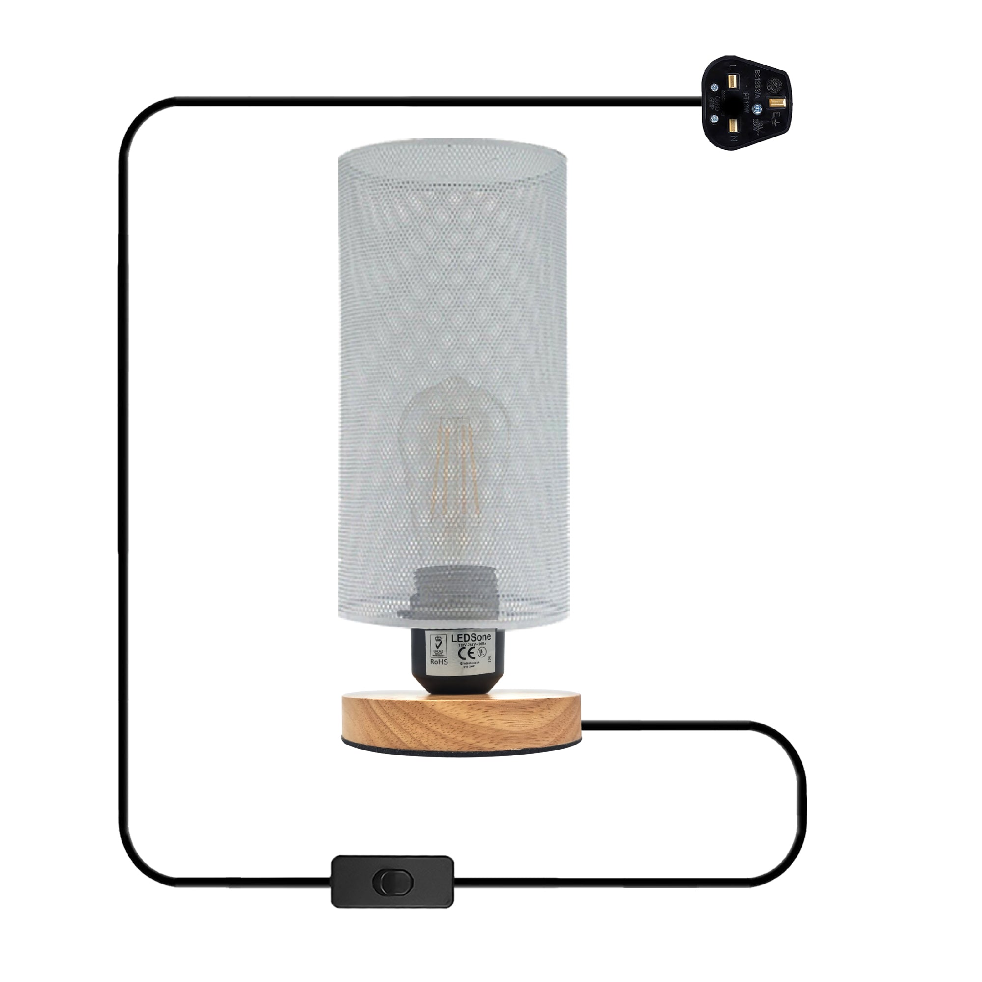 Industrial Metal Wire Cage Bedside Table Lamp, Wooden Base, E27 Socket
