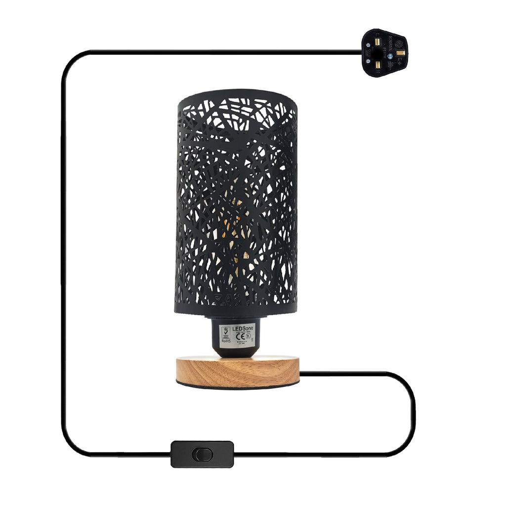 Modern Barrel Cage Table Lamp with Natural Wood Base and Plugin Switch