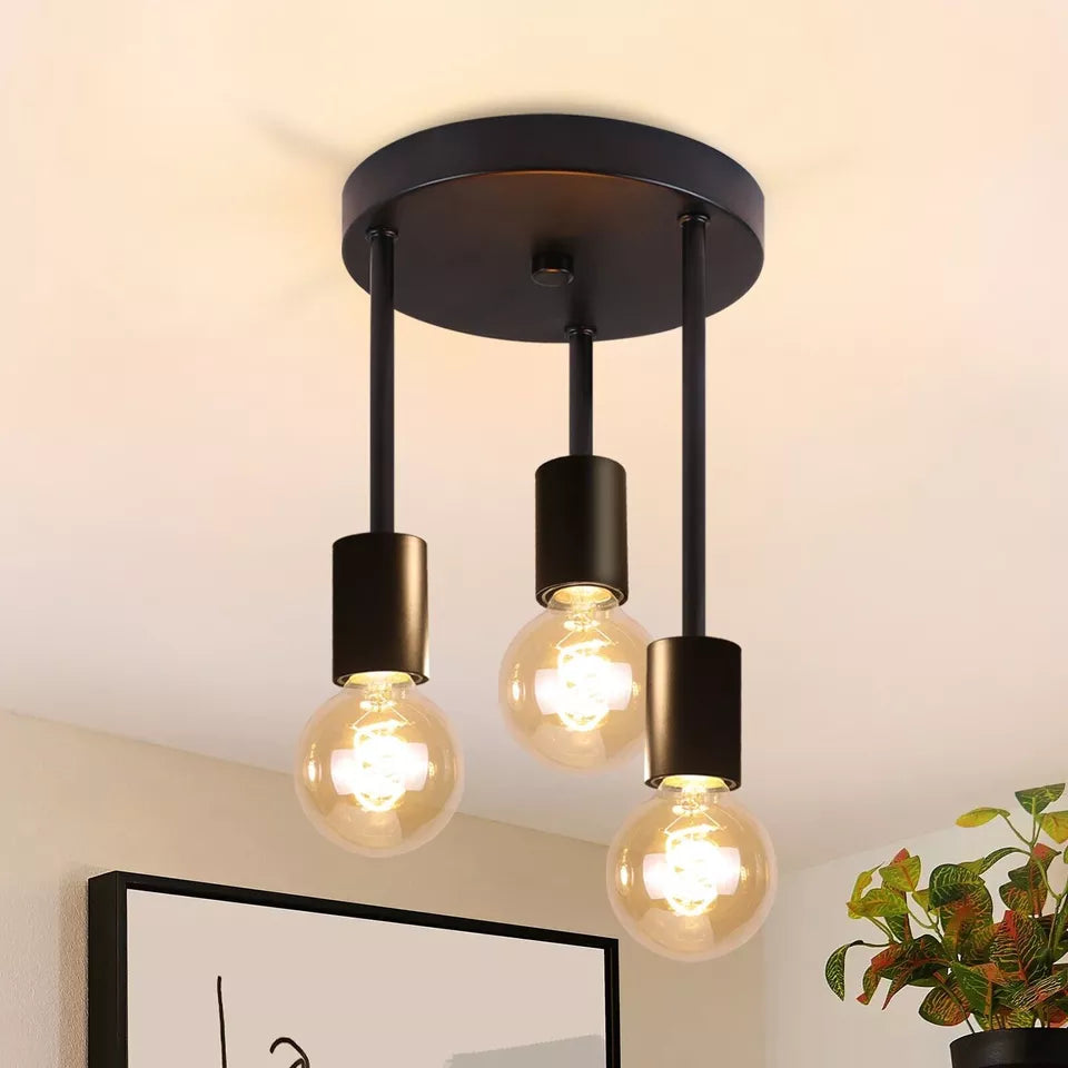 Modern 3-Way Black Metal Flush Mount Ceiling Light Fixture with E27 Sockets