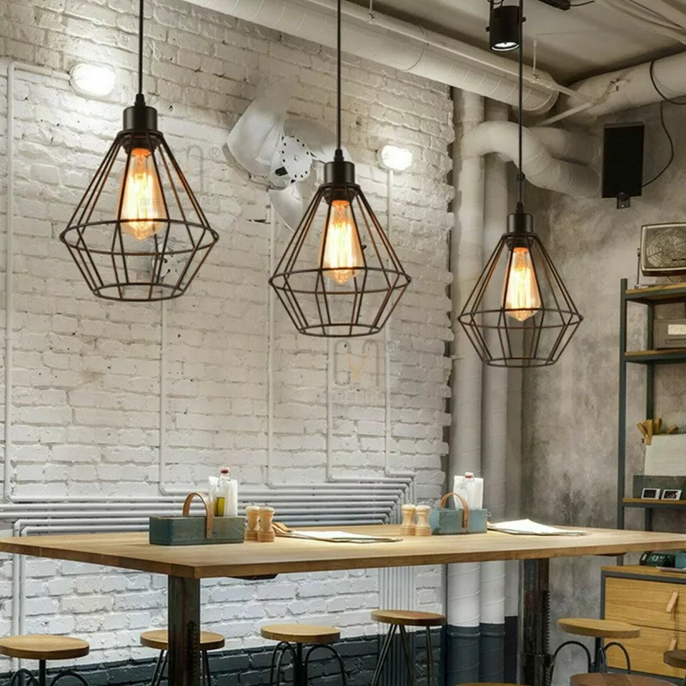 Industrial Black Metal Wire Cage Ceiling Pendant Light E27 Bulb Guard