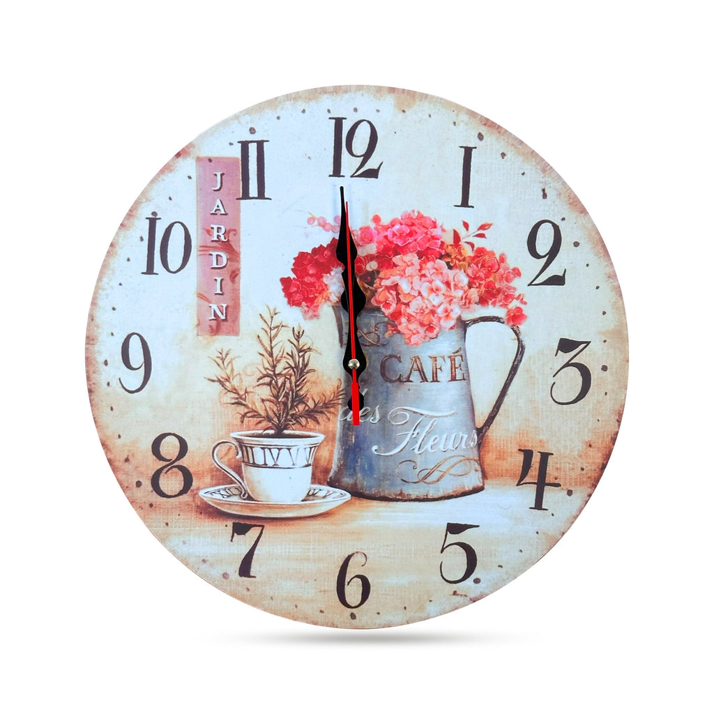 Charming Round Cafe Cup Flowers Ticking Shabby Chic Wall Clock for Home Decor