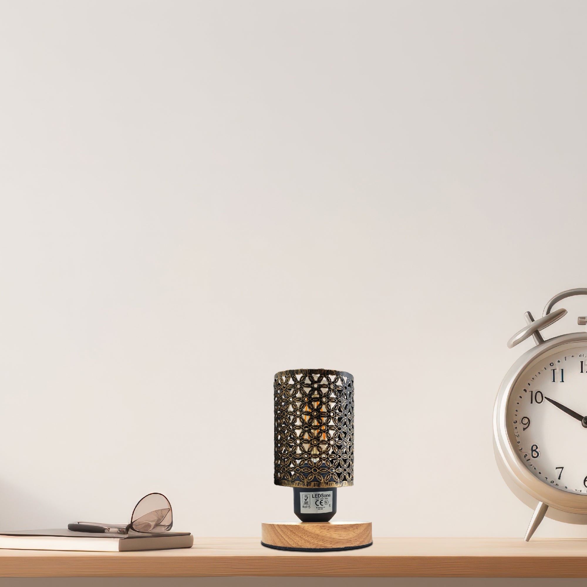 Industrial Metal Barrel Cage Table Lamp with Natural Wood Stand