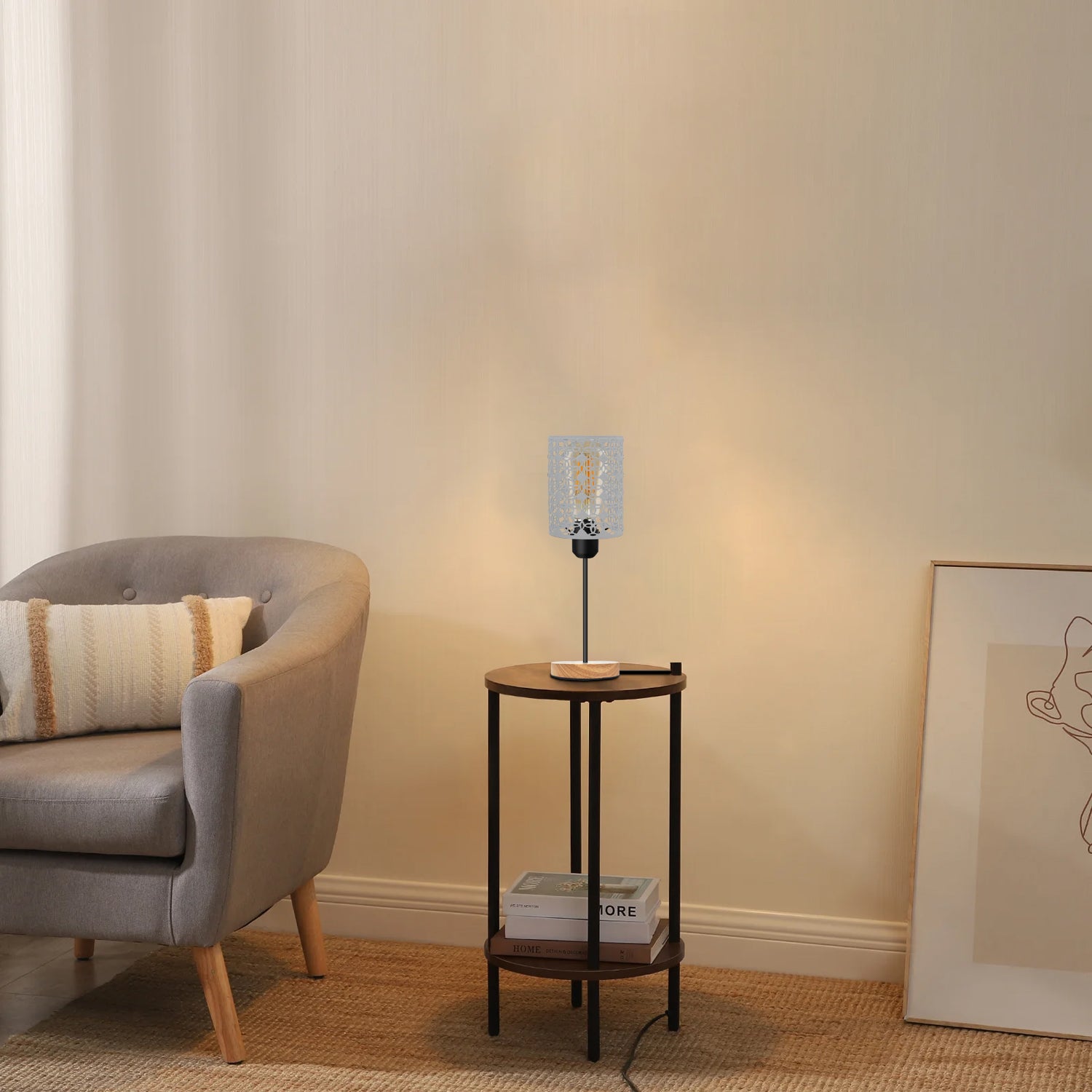 Modern Industrial Metal Cage Table Lamp with Wooden Base, Bedside Desk Light
