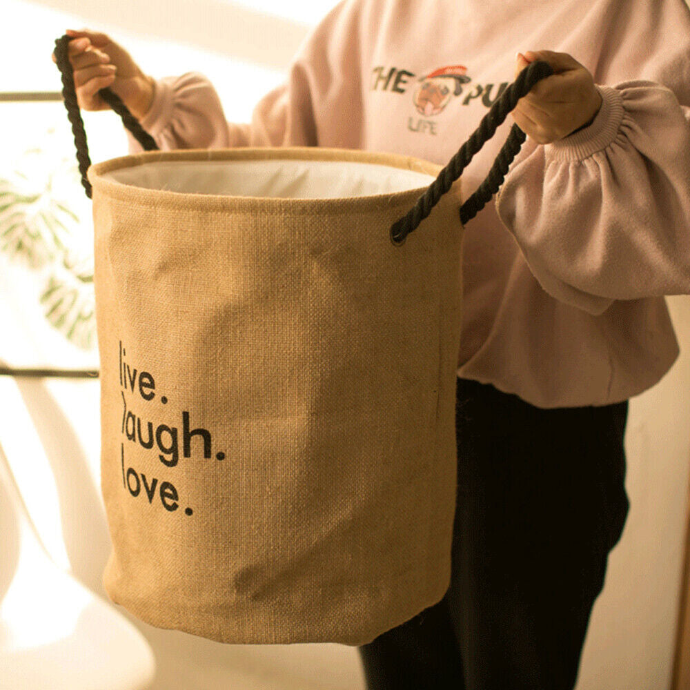 Large Jute Folding Laundry Hamper Bag with Handles for Clothes Storage