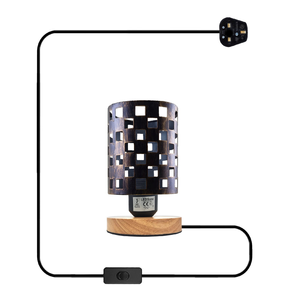 Modern Industrial Bedside Table Lamp with Metal Cage & Wood Base