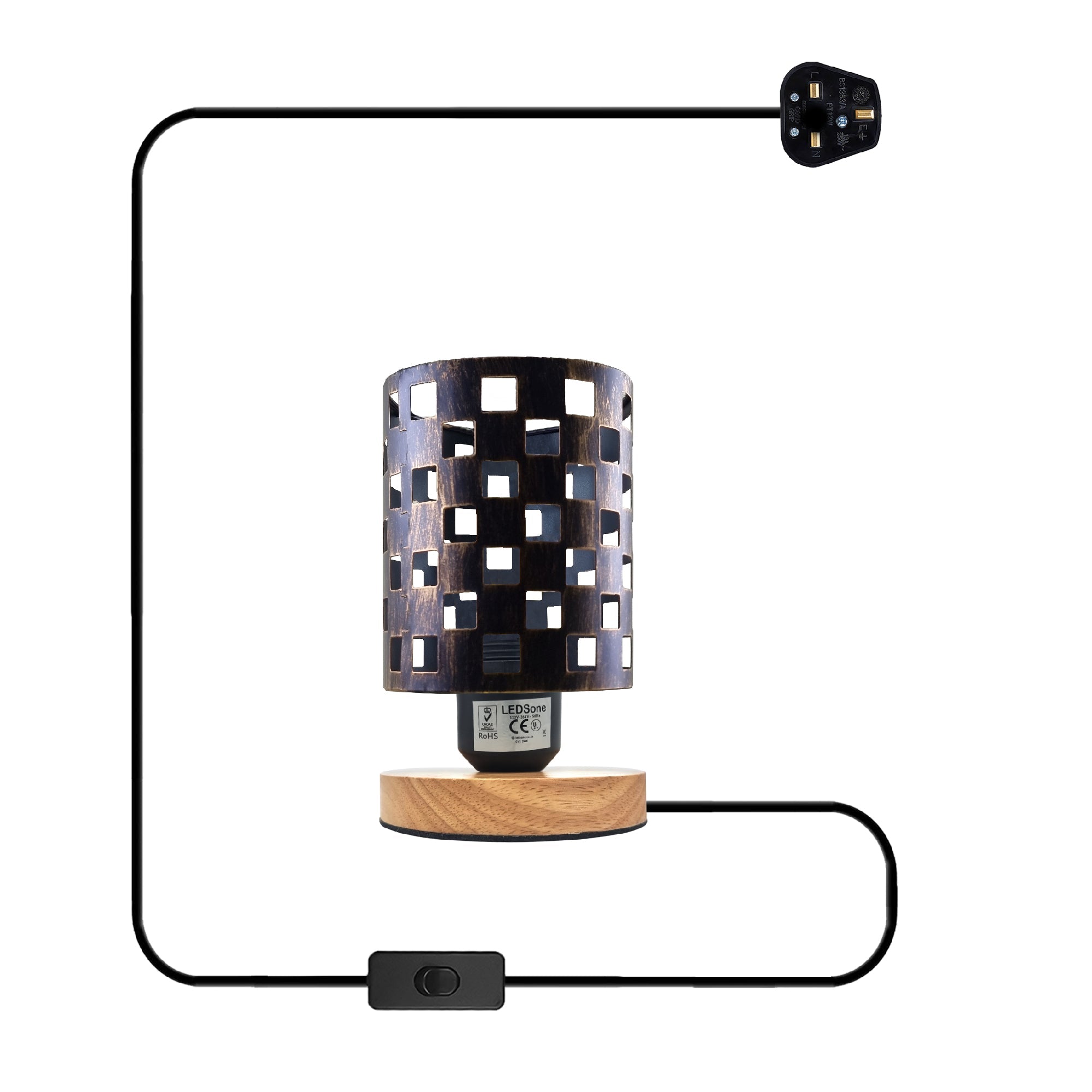 Modern Industrial Bedside Table Lamp with Metal Cage & Wood Base
