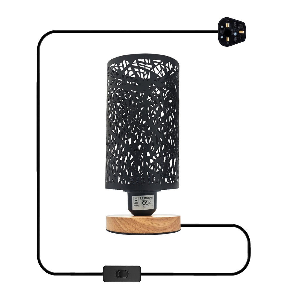 Modern Industrial Metal Cage Table Lamp with Natural Wood Base