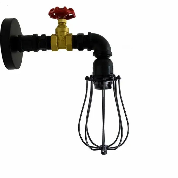 Industrial Water Pipe Wall Sconce with Red Tap, Rustic Loft Style Lighting Fixture