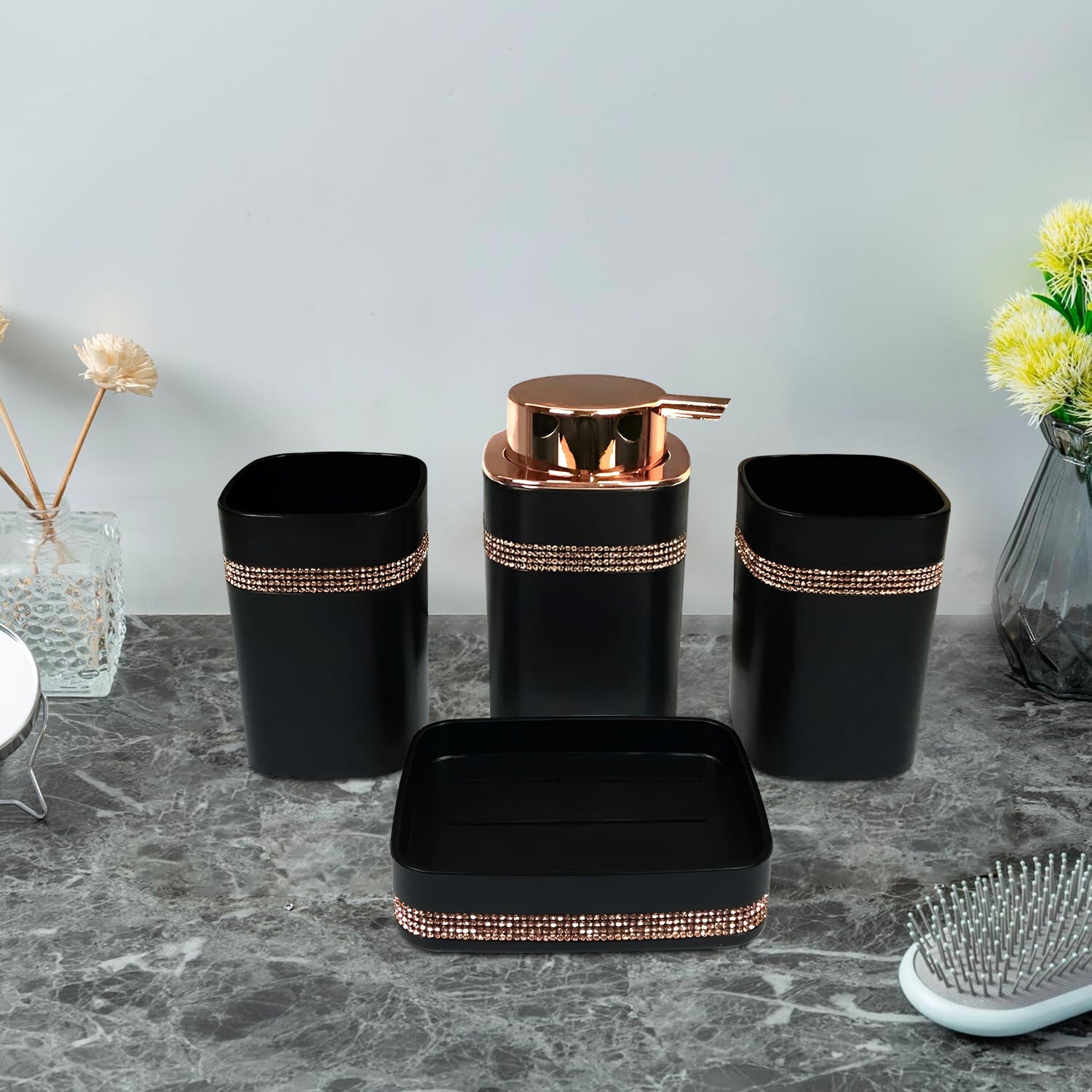 4-Piece Modern Polypropylene Bathroom Accessory Set: Lotion, Tumbler, Toothbrush Holder, Soap Dish