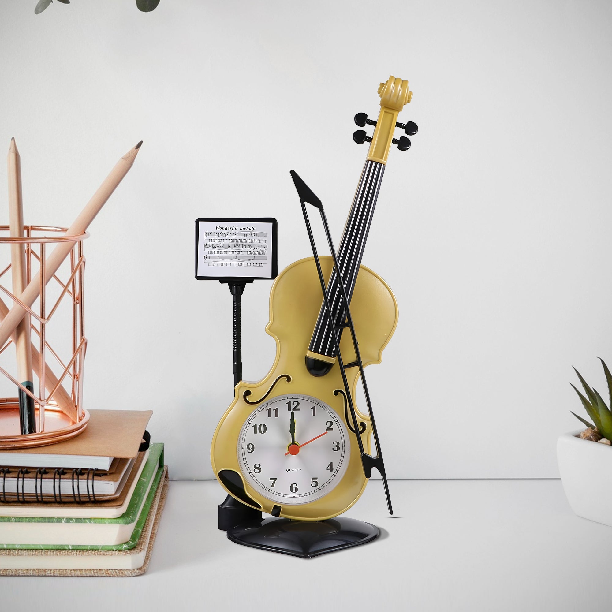 Elegant Violin Design Alarm Clock for Music Lovers, Decorative Bedside Table Clock