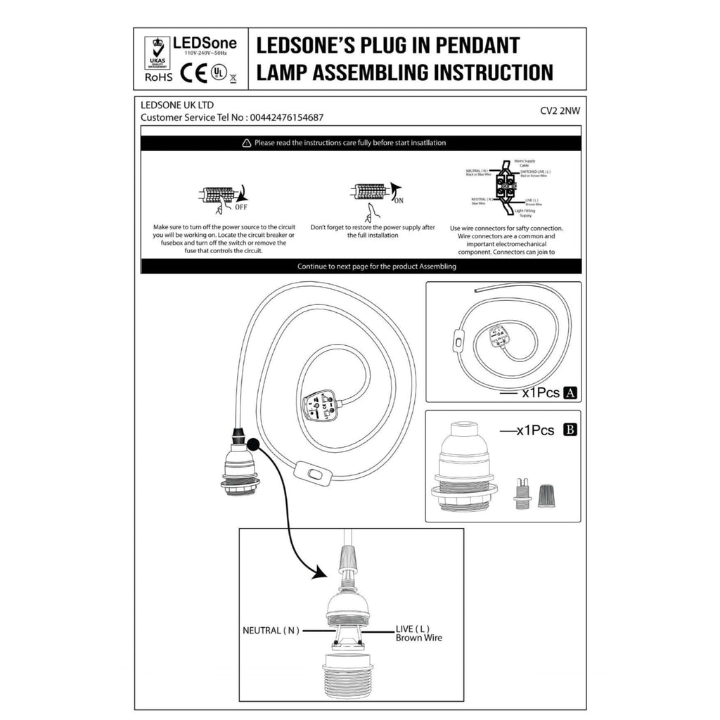 4M Fabric Flex Plug-In Pendant Light, E27 Bulb Holder, Dimmer Switch