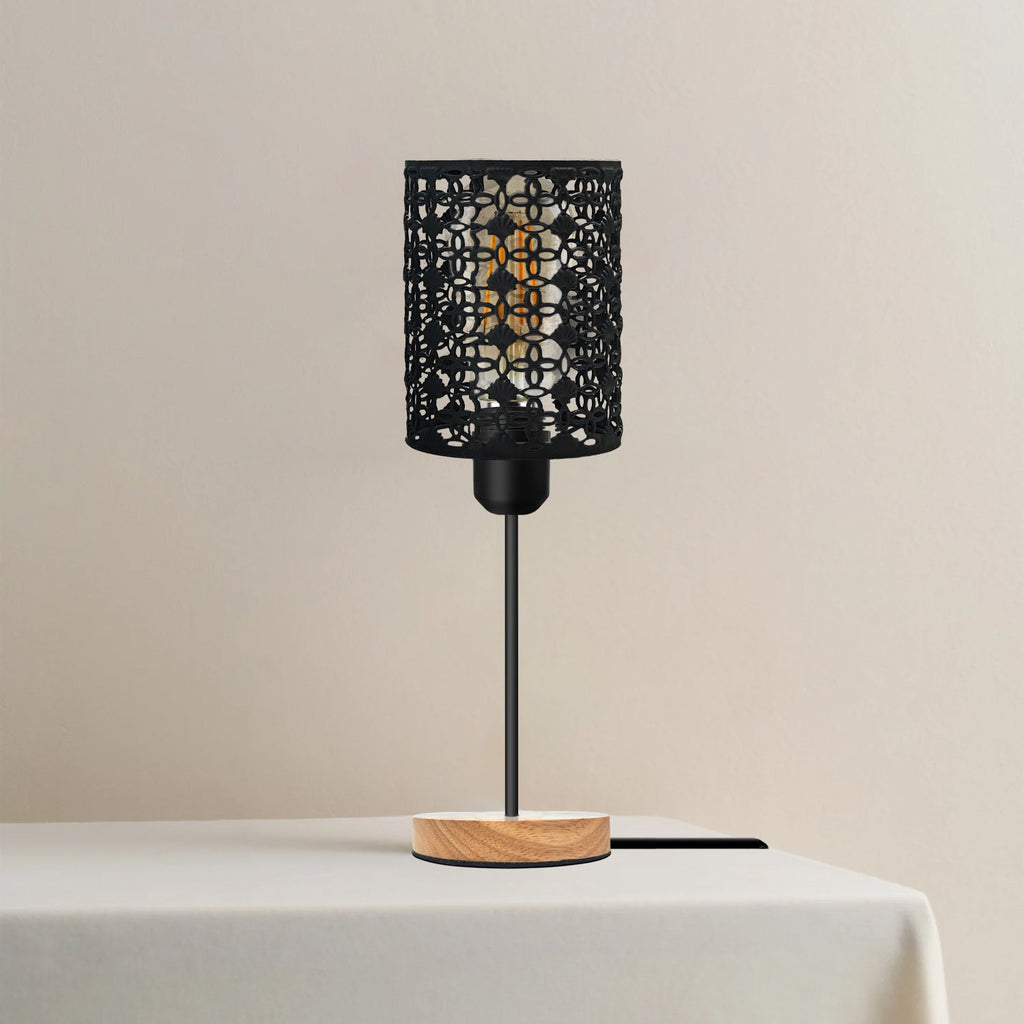 Modern Industrial Metal Cage Table Lamp with Wooden Base, Bedside Desk Light