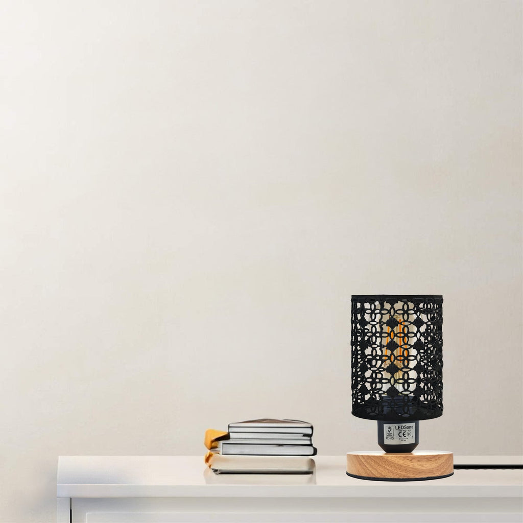 Charming Wire Cage Table Lamp with Wooden Base, Modern Desk Bedside Light