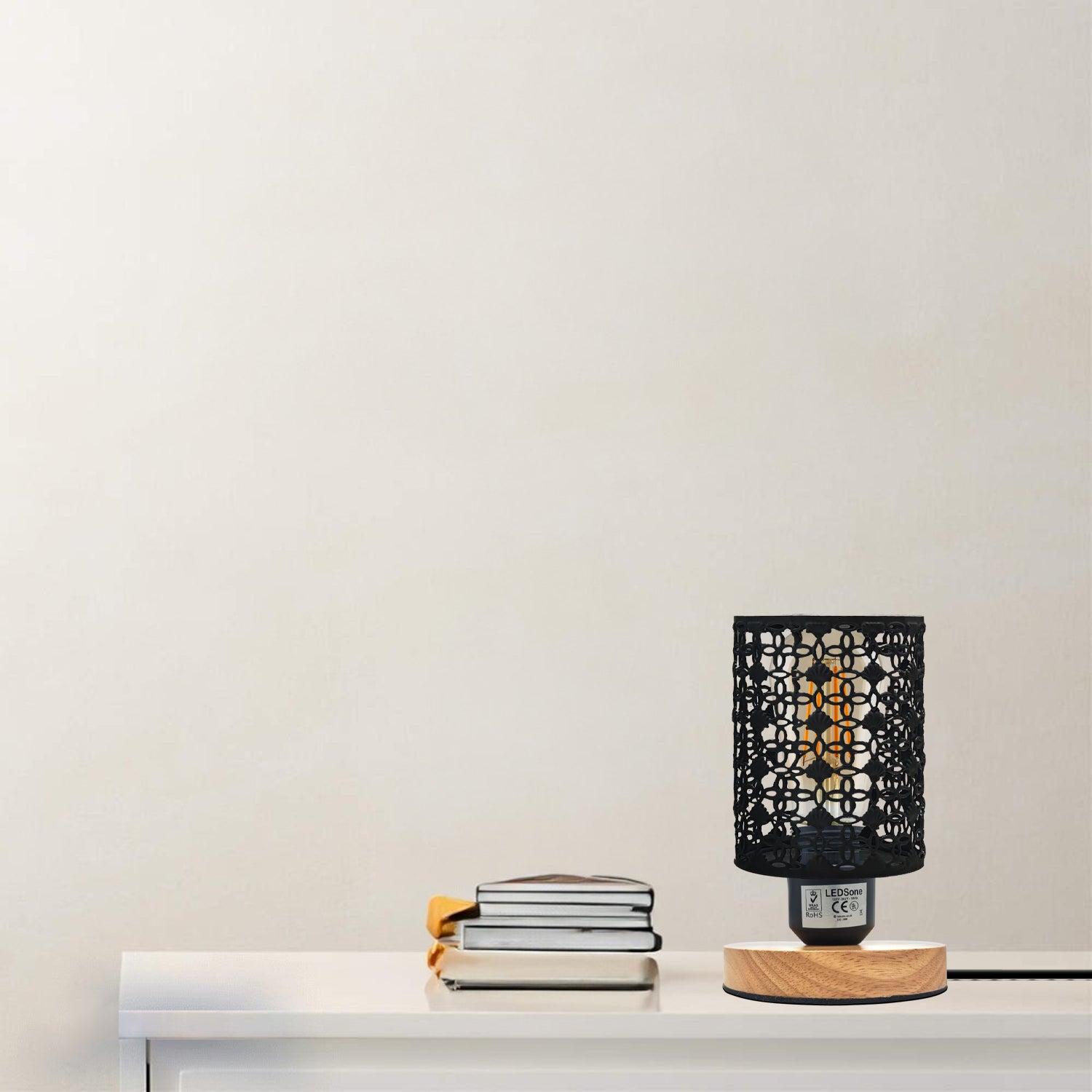 Charming Wire Cage Table Lamp with Wooden Base, Modern Desk Bedside Light