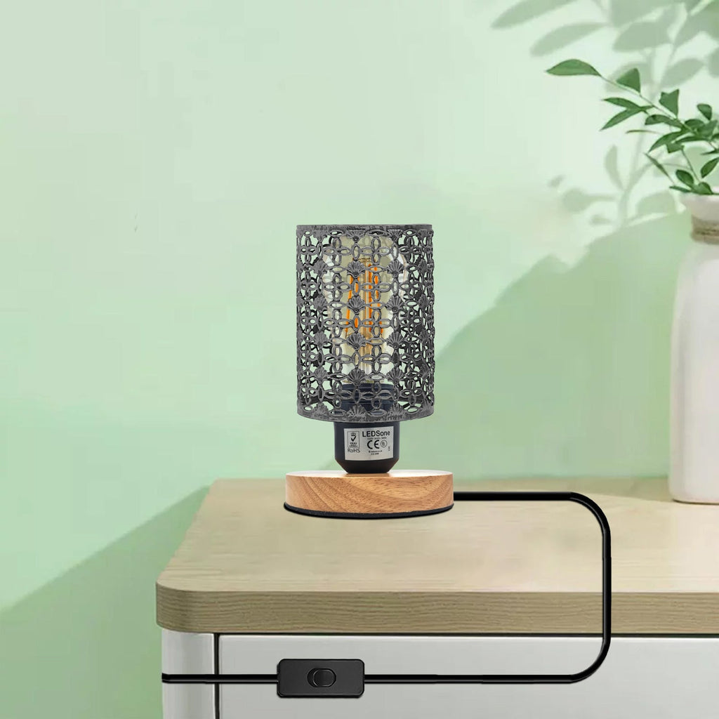 Charming Wire Cage Table Lamp with Wooden Base, Modern Desk Bedside Light