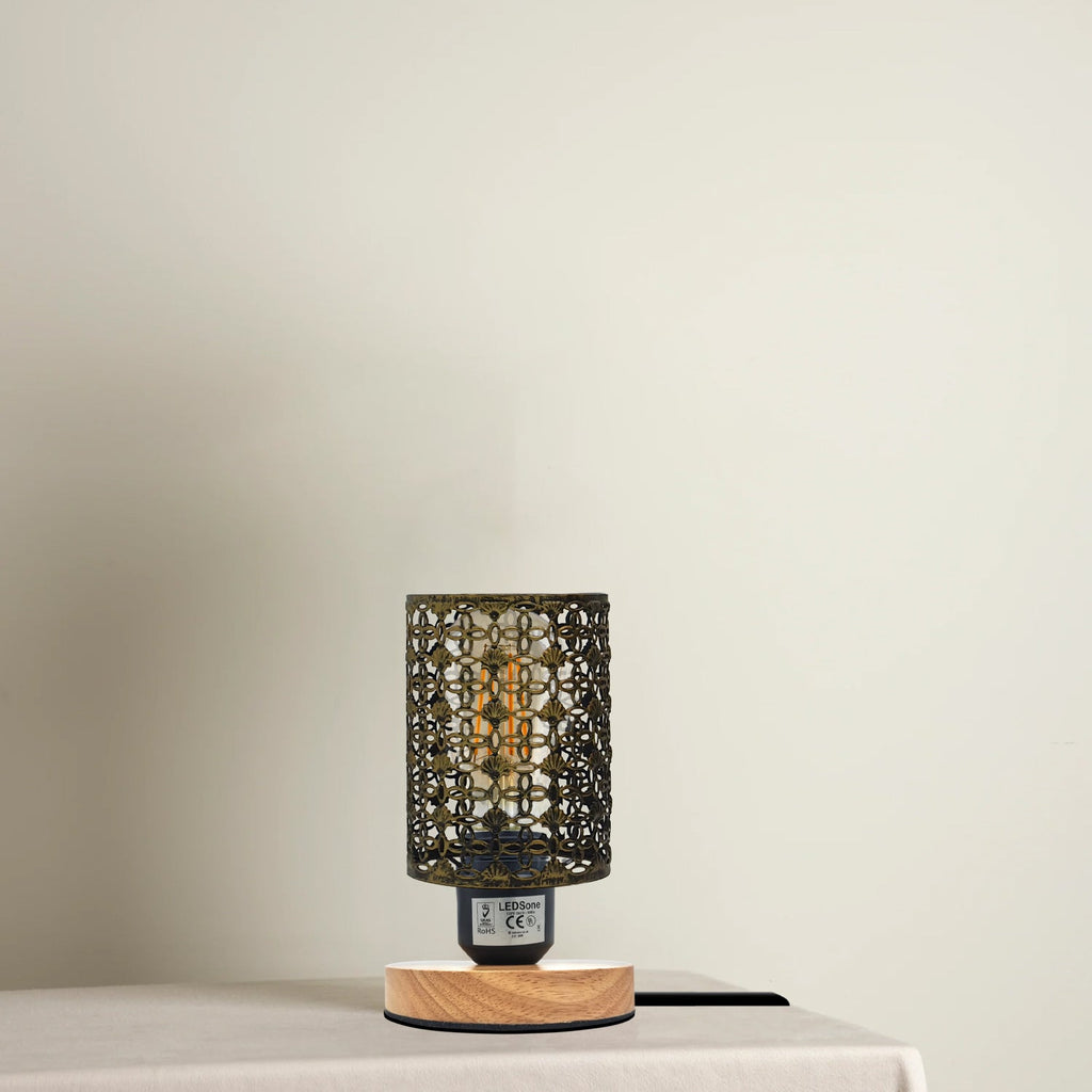 Charming Wire Cage Table Lamp with Wooden Base, Modern Desk Bedside Light