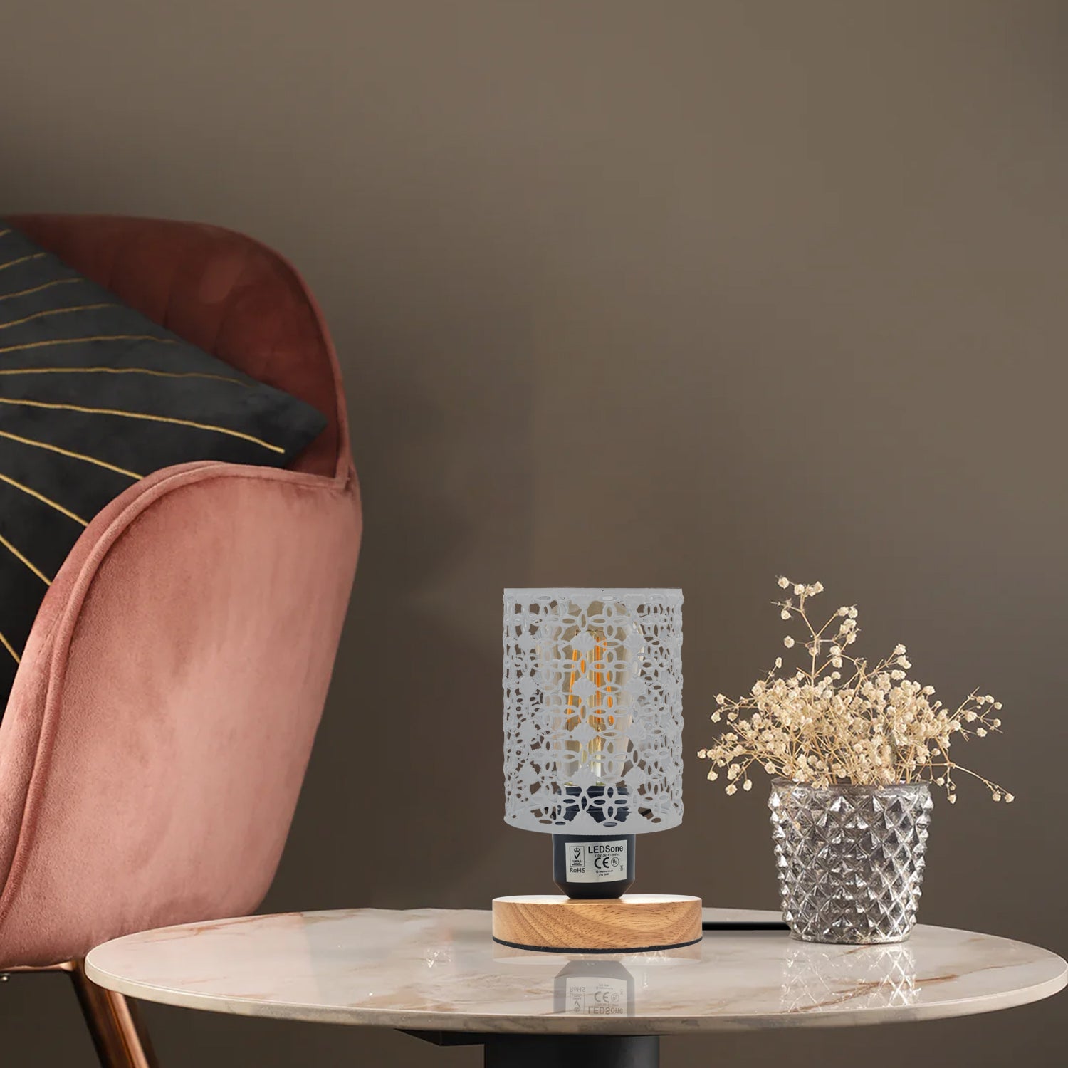Charming Wire Cage Table Lamp with Wooden Base, Modern Desk Bedside Light