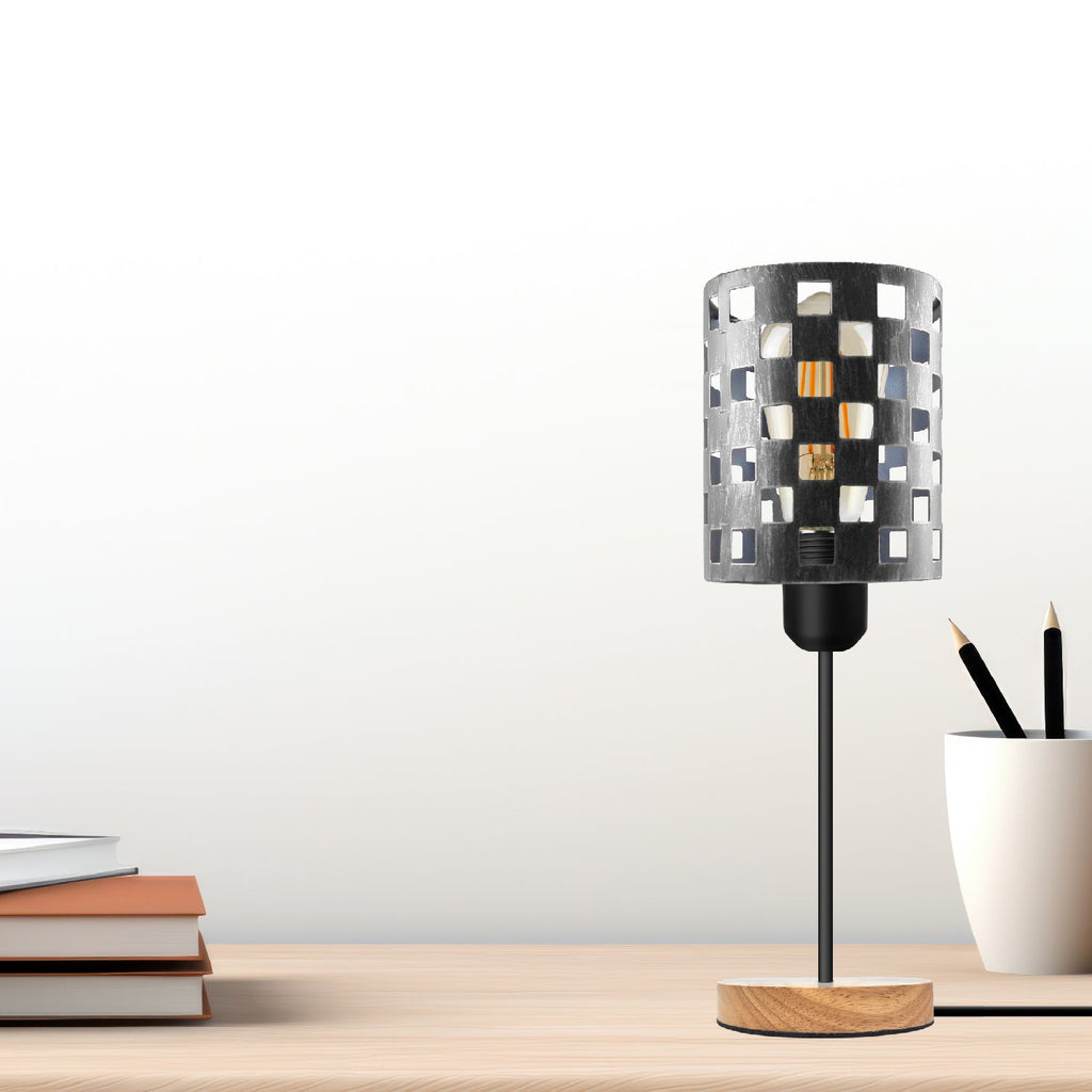 Industrial Metal Wire Cage Bedside Table Lamp with Wooden Stand