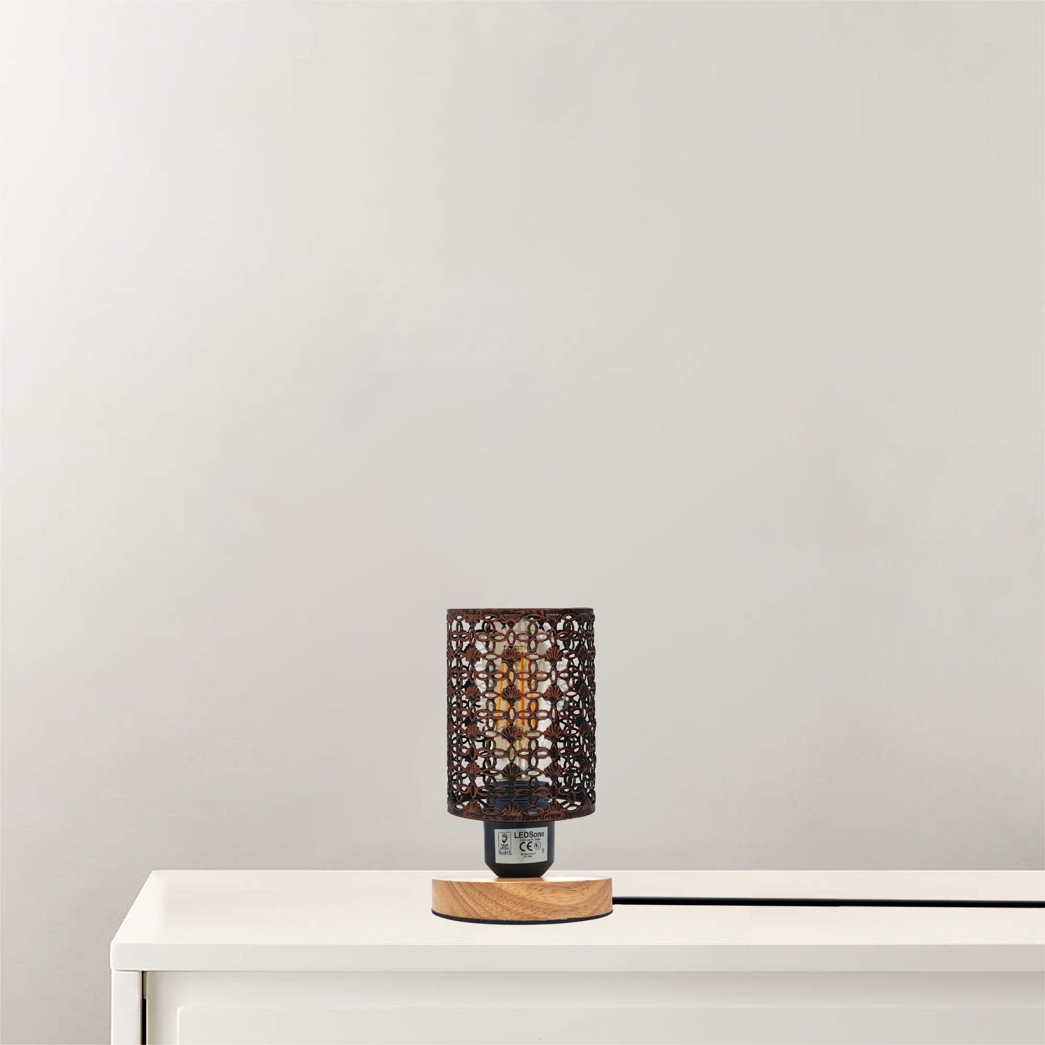 Charming Wire Cage Table Lamp with Wooden Base, Modern Desk Bedside Light