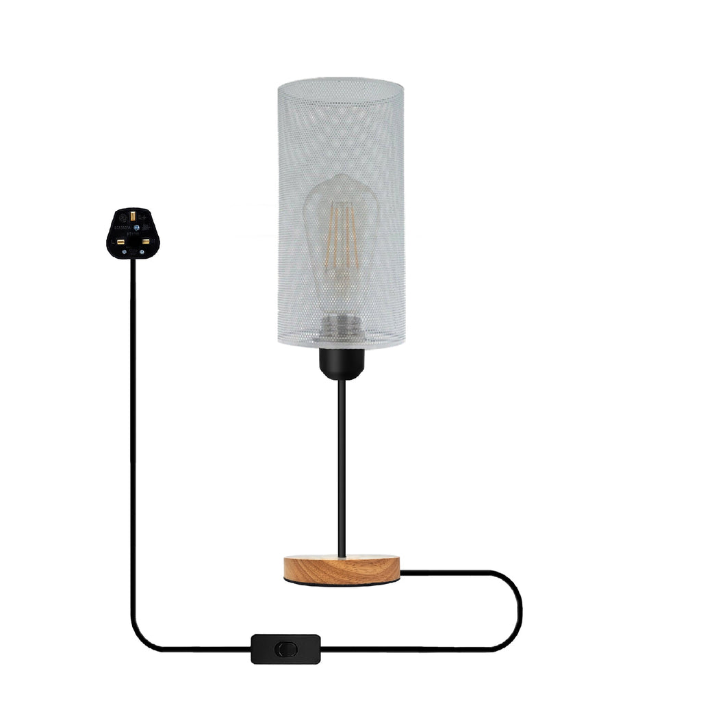 Industrial Metal Cage Table Lamp with Natural Wooden Stand Bedside