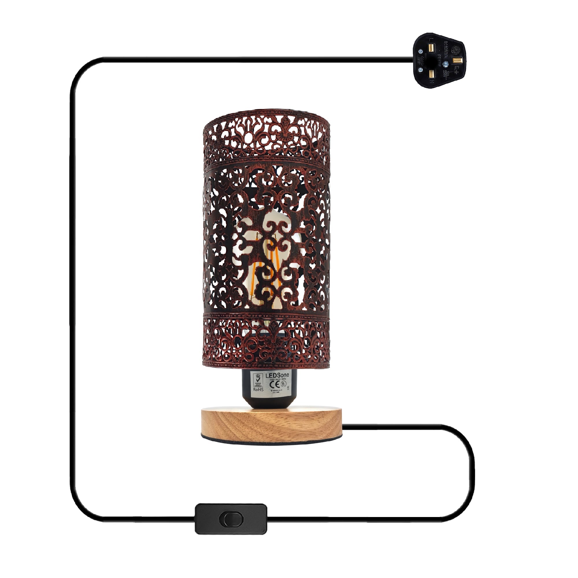 Chic Metal Wire Cage Table Lamp, Wooden Base, E27 Plug-in