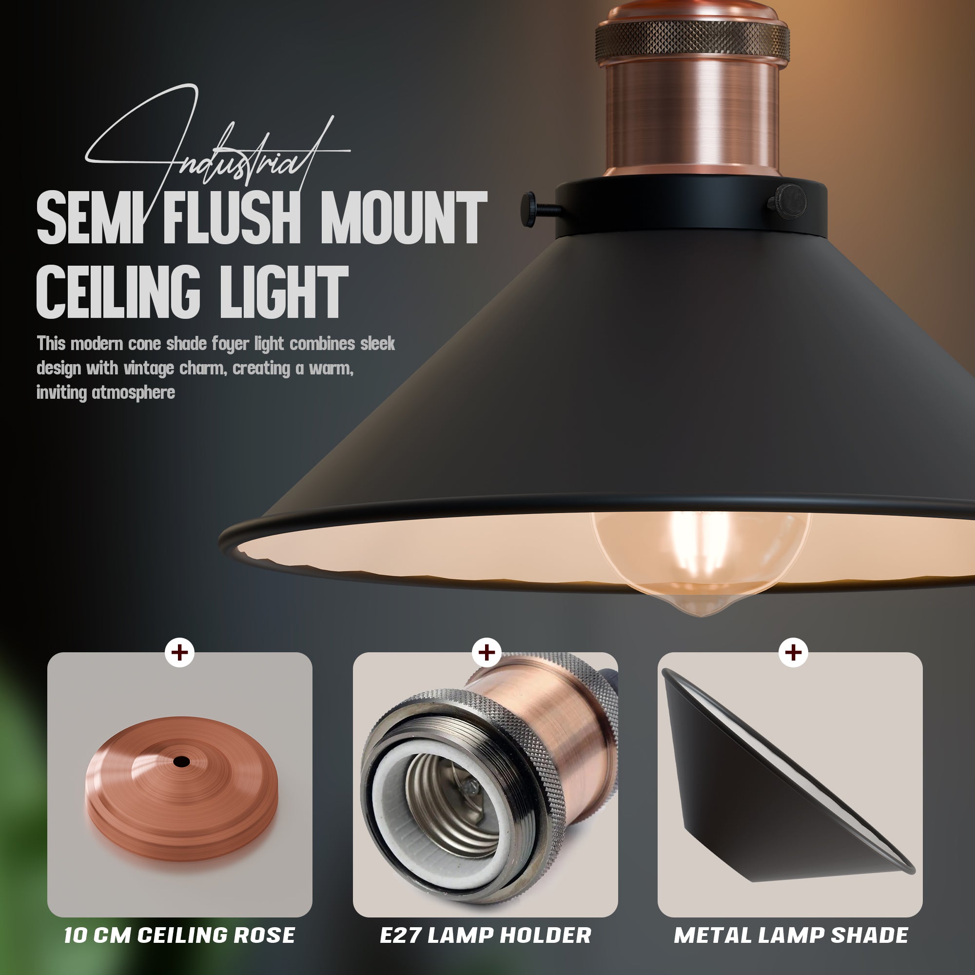 Industrial Vintage Semi Flush Metal Cone Ceiling Light for Home