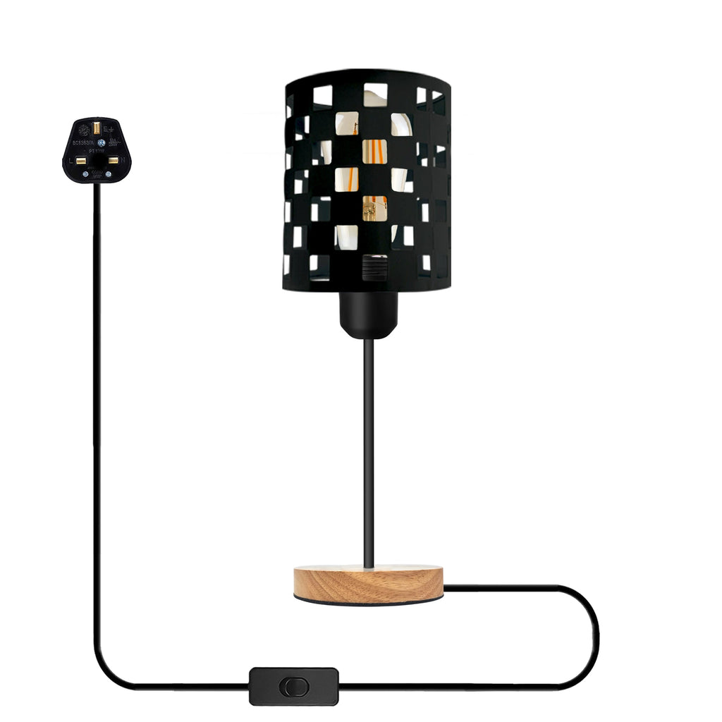 Industrial Metal Cage Table Lamp, Wooden Base, E27 Plugin On/Off Switch