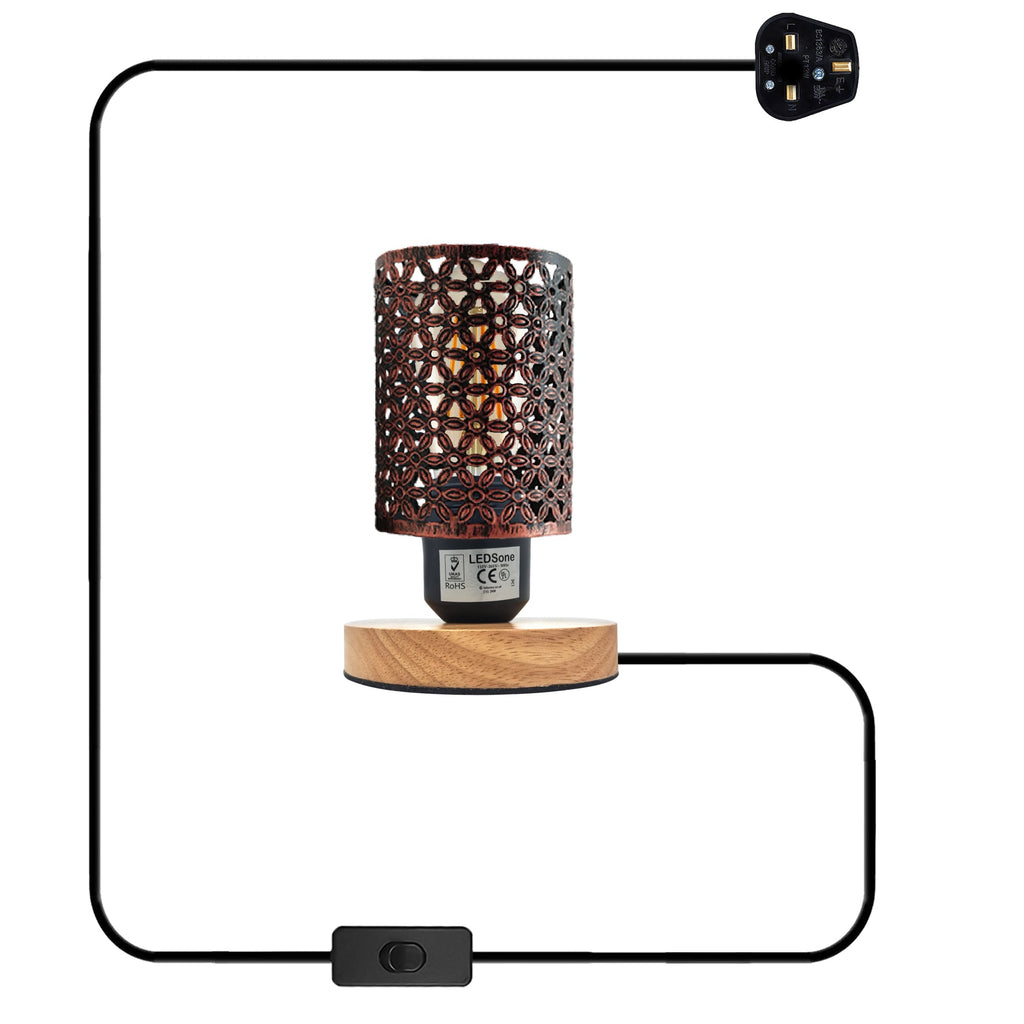 Industrial Metal Barrel Cage Table Lamp with Natural Wood Stand