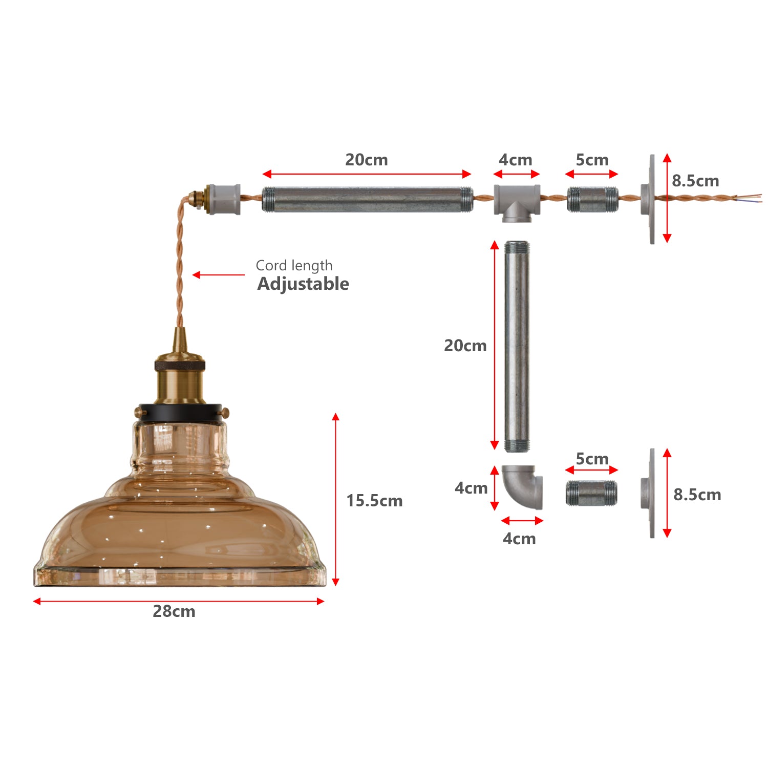 Industrial Conduit Wall Light Kit | Amber Glass Shade ~6119