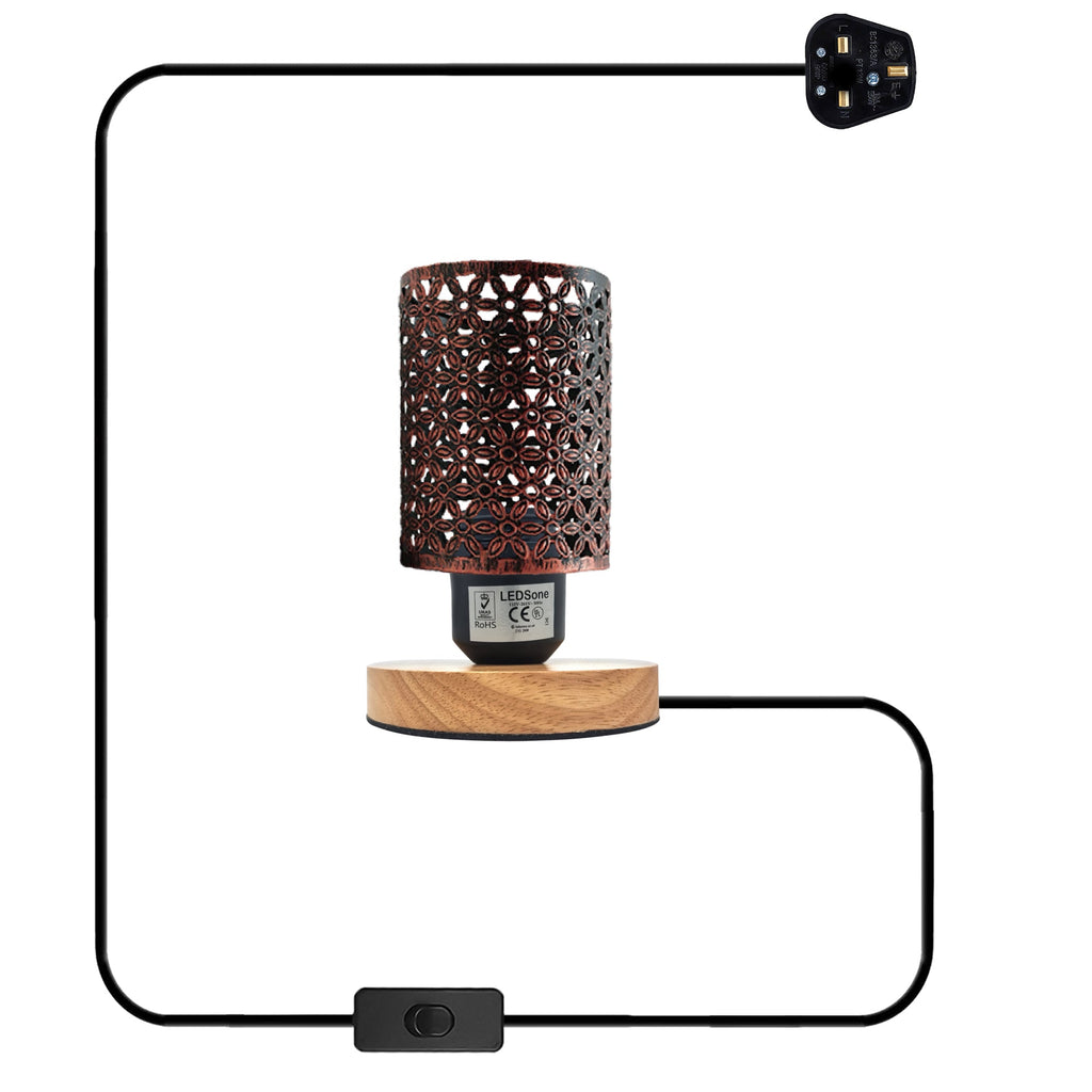 Industrial Metal Barrel Cage Table Lamp with Natural Wood Stand