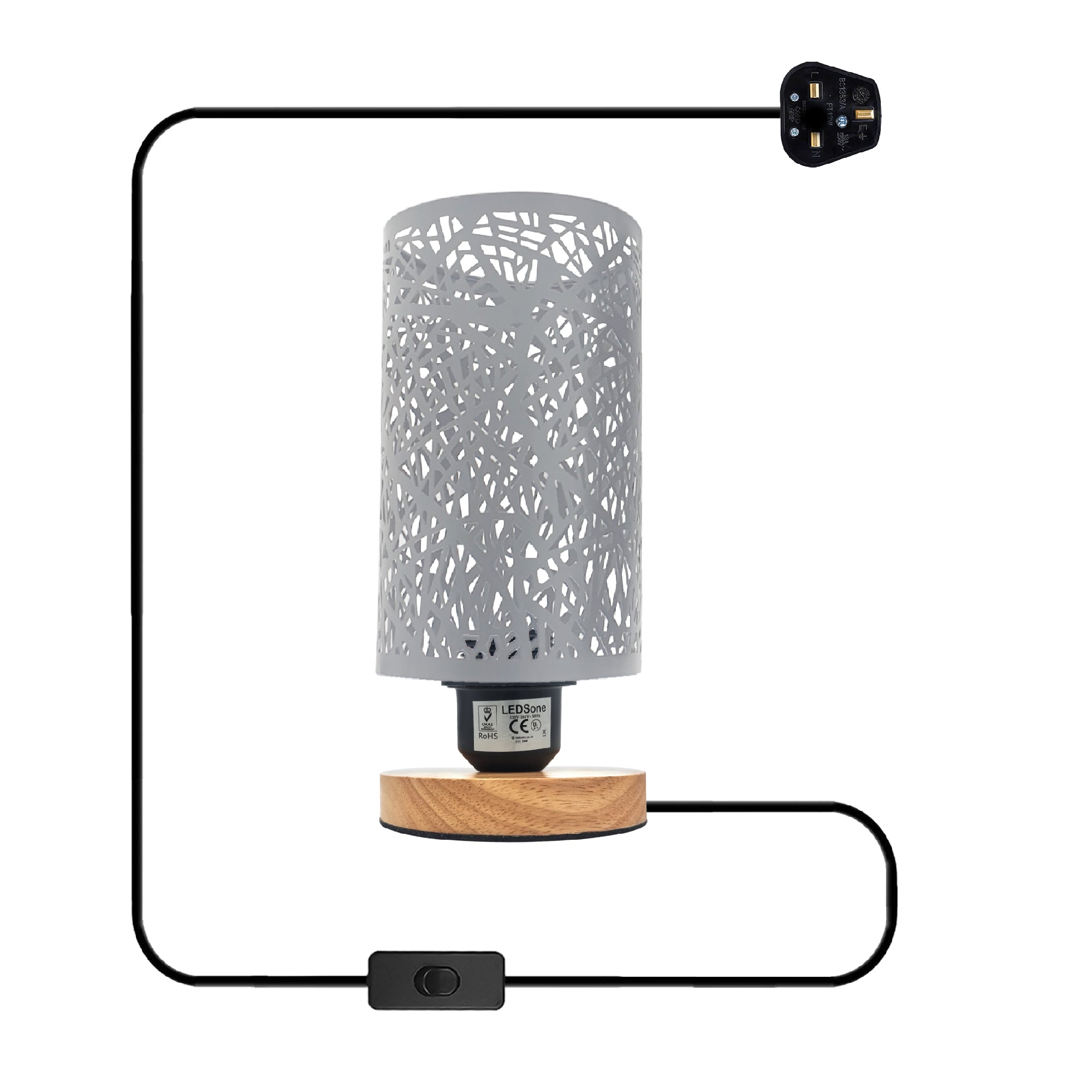 Modern Industrial Metal Cage Table Lamp with Natural Wood Base