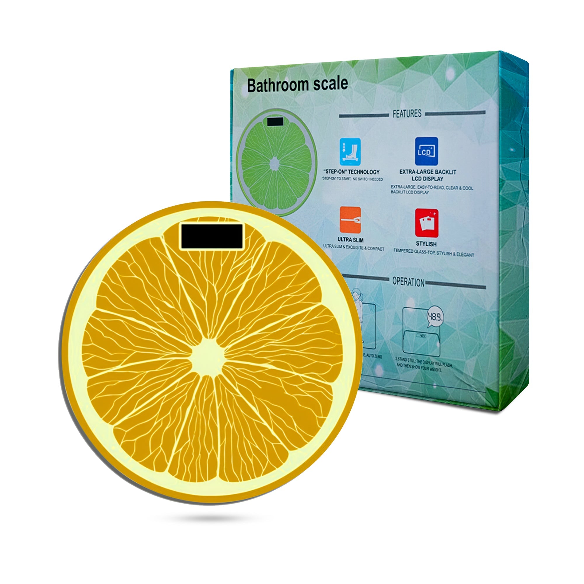 Vibrant Orange Lemon Digital Body Weight Scale, USB Rechargeable, Glass Platform