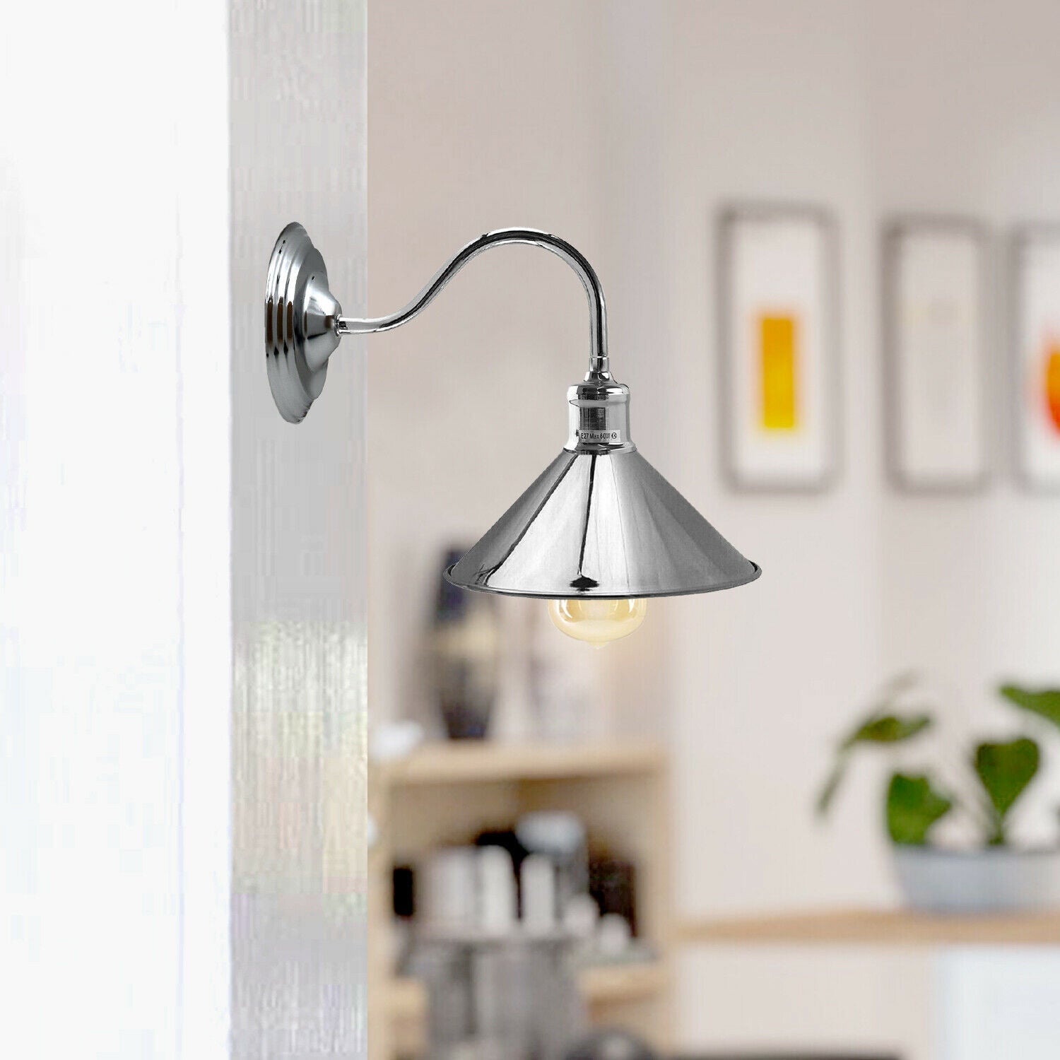 Vintage Metal Wall Sconce Light with Curved Arm, E27 Holder, Retro Industrial Style