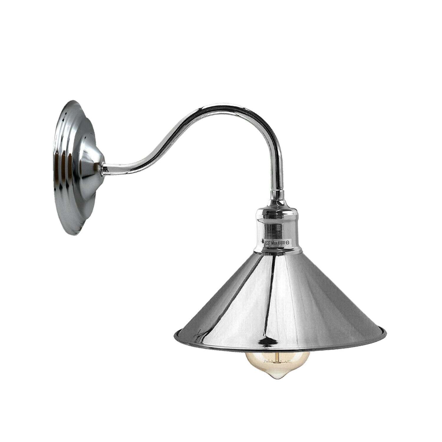 Vintage Metal Wall Sconce Light with Curved Arm, E27 Holder, Retro Industrial Style