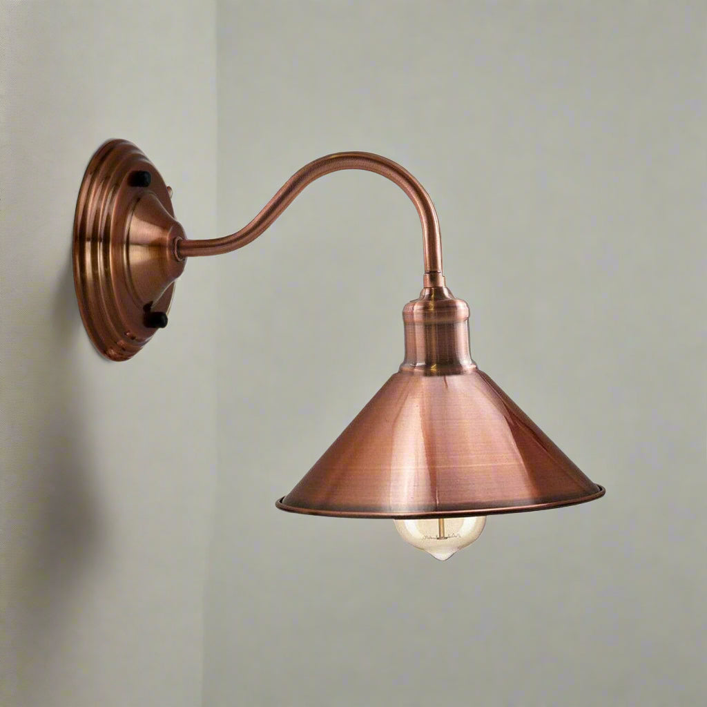 Industrial Copper Metal Swan Neck Wall Sconce Cone Shade Light Fixture
