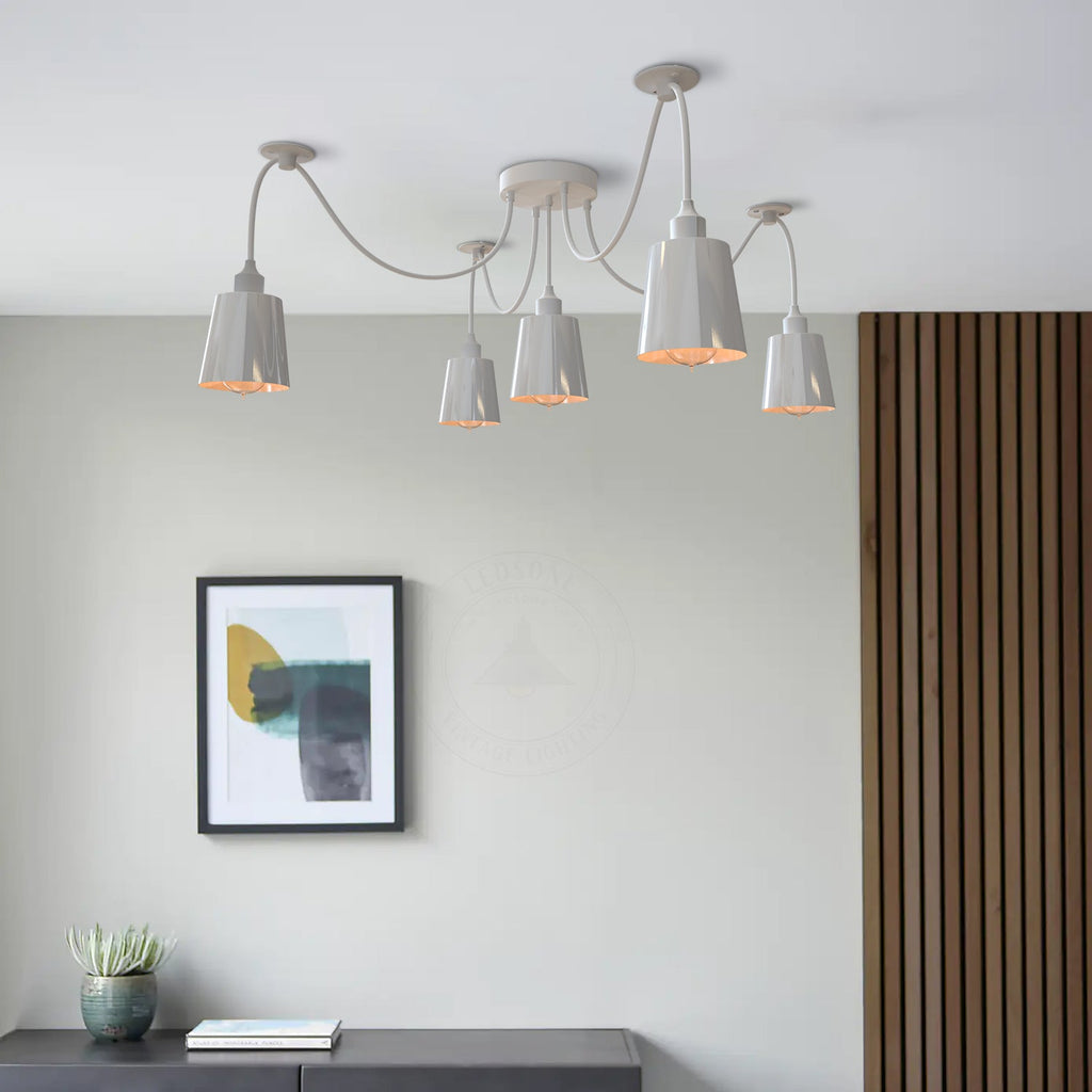 Modern Industrial 5-Way Spider Pendant Light with White Metal Shades