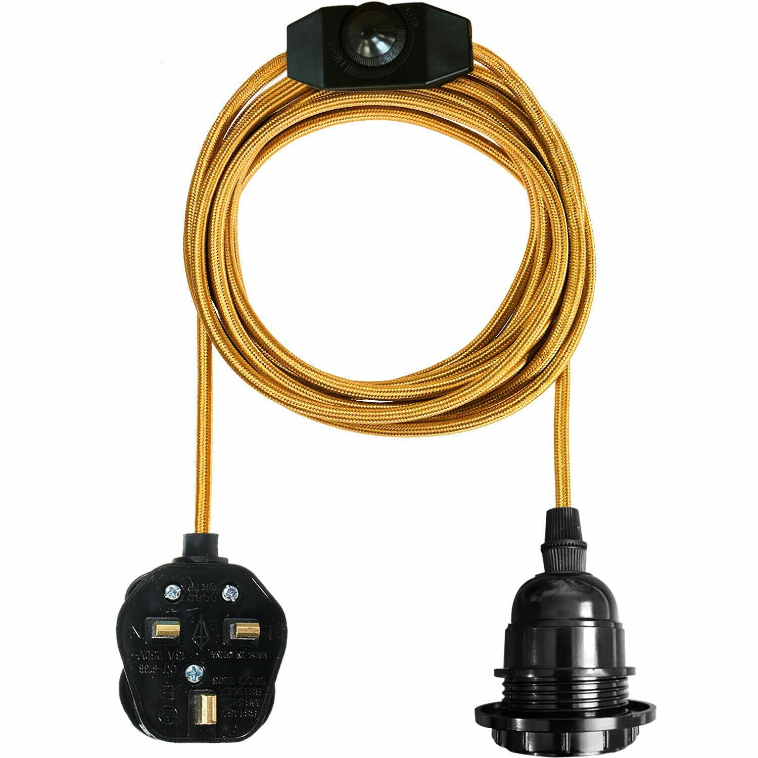 Premium 4M Gold Fabric Flex Plug-In Pendant Lamp E27 Bulb Holder Switch