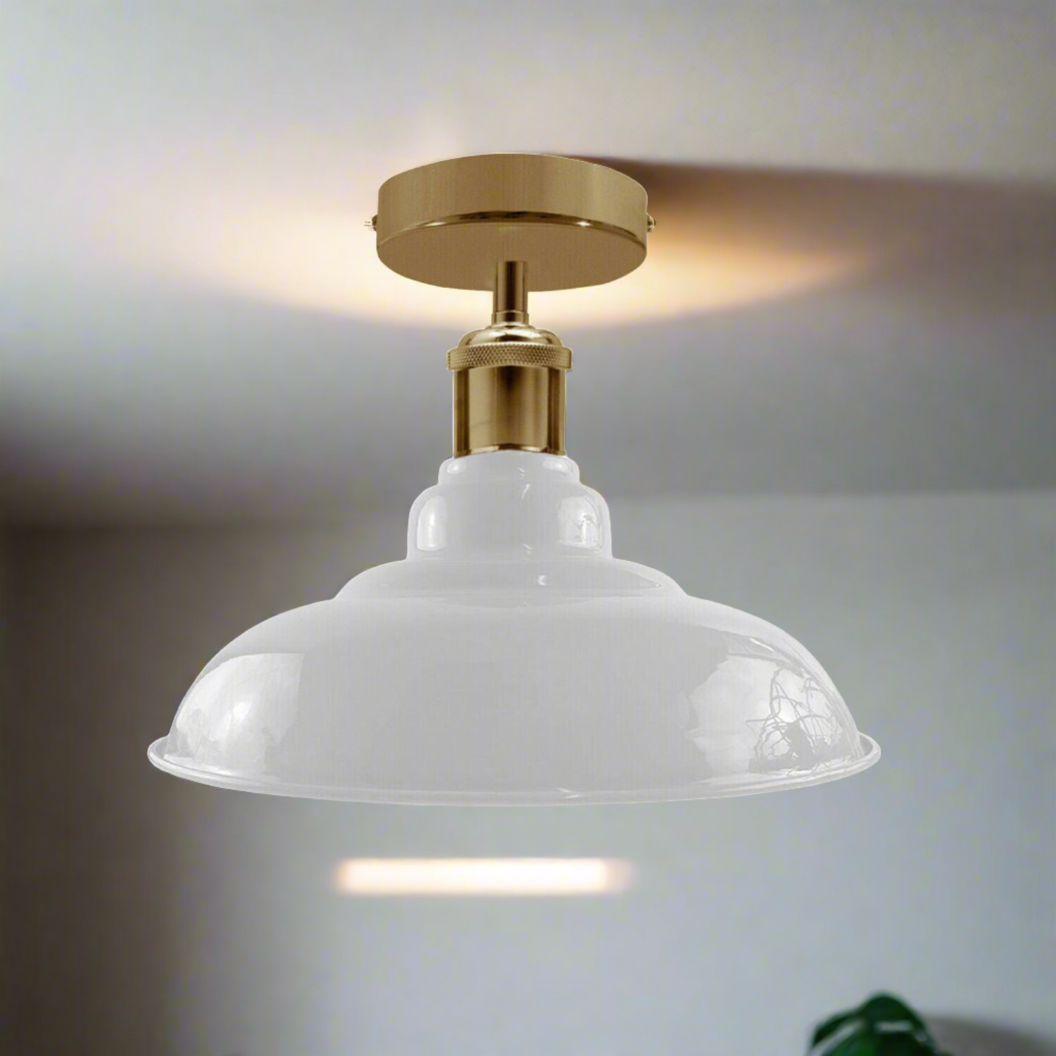 Chic Industrial Vintage White Flush Mount Ceiling Light E27 Glossy Metal Shade
