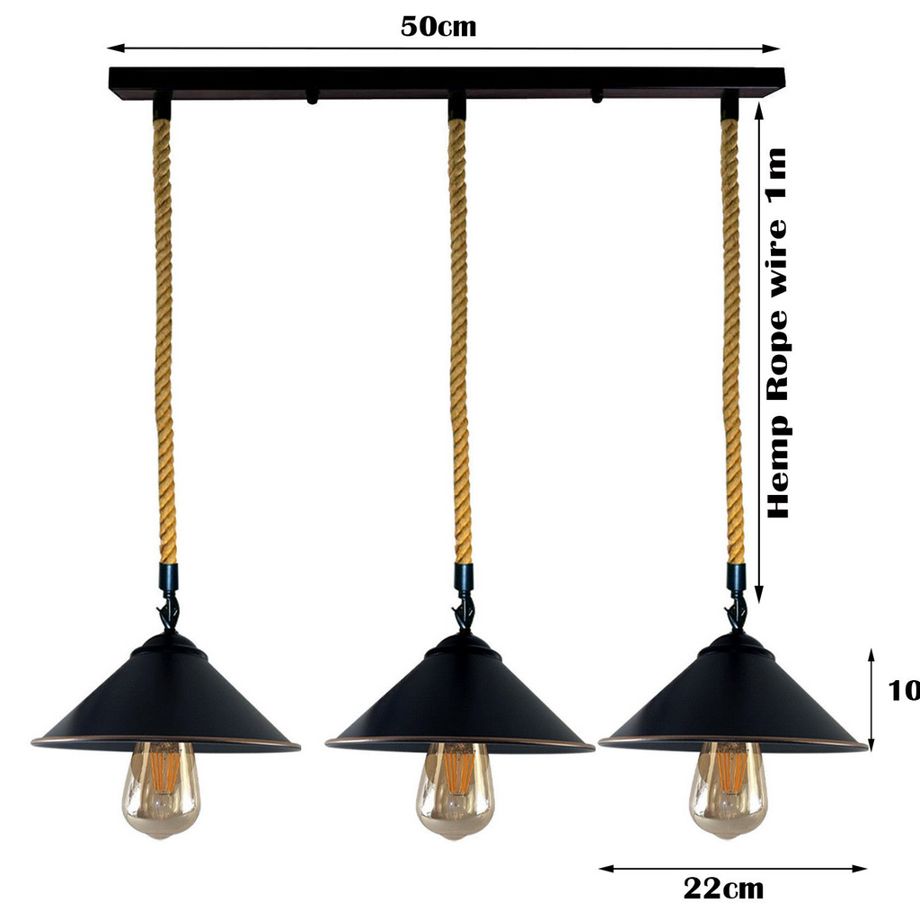 Rustic Hemp Rope 3-Head Dimmable E27 Industrial Vintage Pendant Light