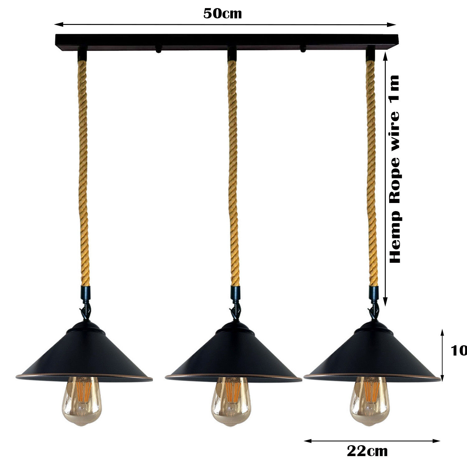 Rustic Hemp Rope 3-Head Dimmable E27 Industrial Vintage Pendant Light