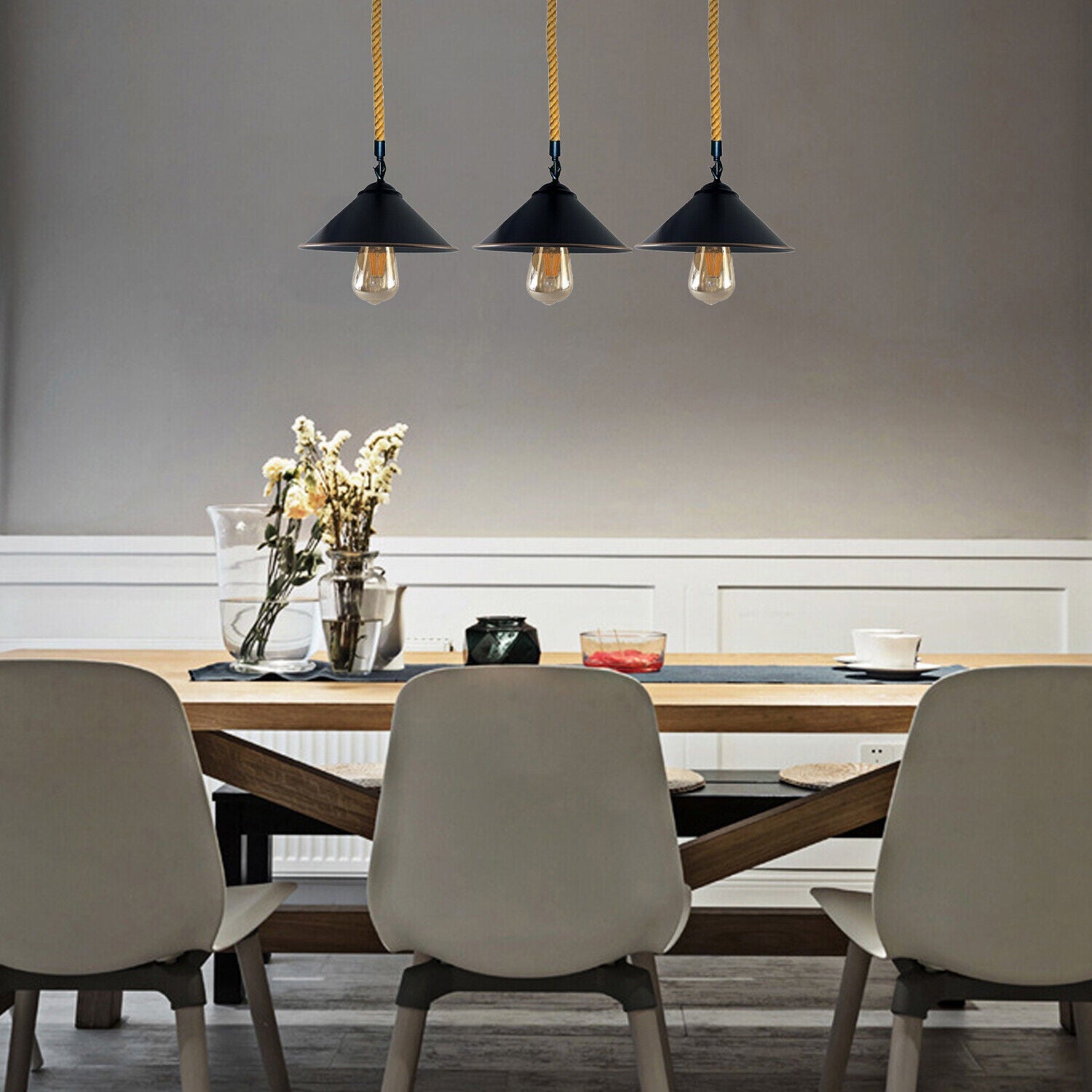 Rustic Hemp Rope 3-Head Dimmable E27 Industrial Vintage Pendant Light