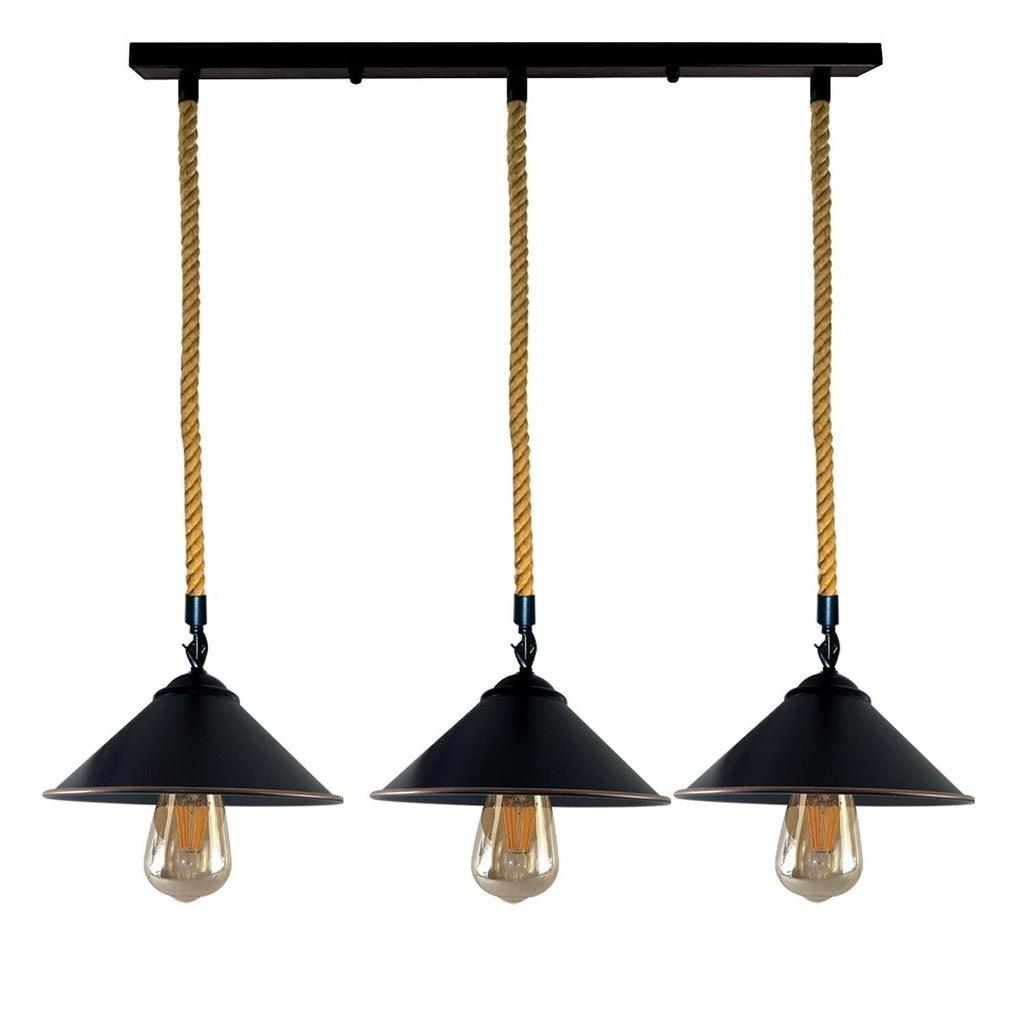 Rustic Hemp Rope 3-Head Dimmable E27 Industrial Vintage Pendant Light