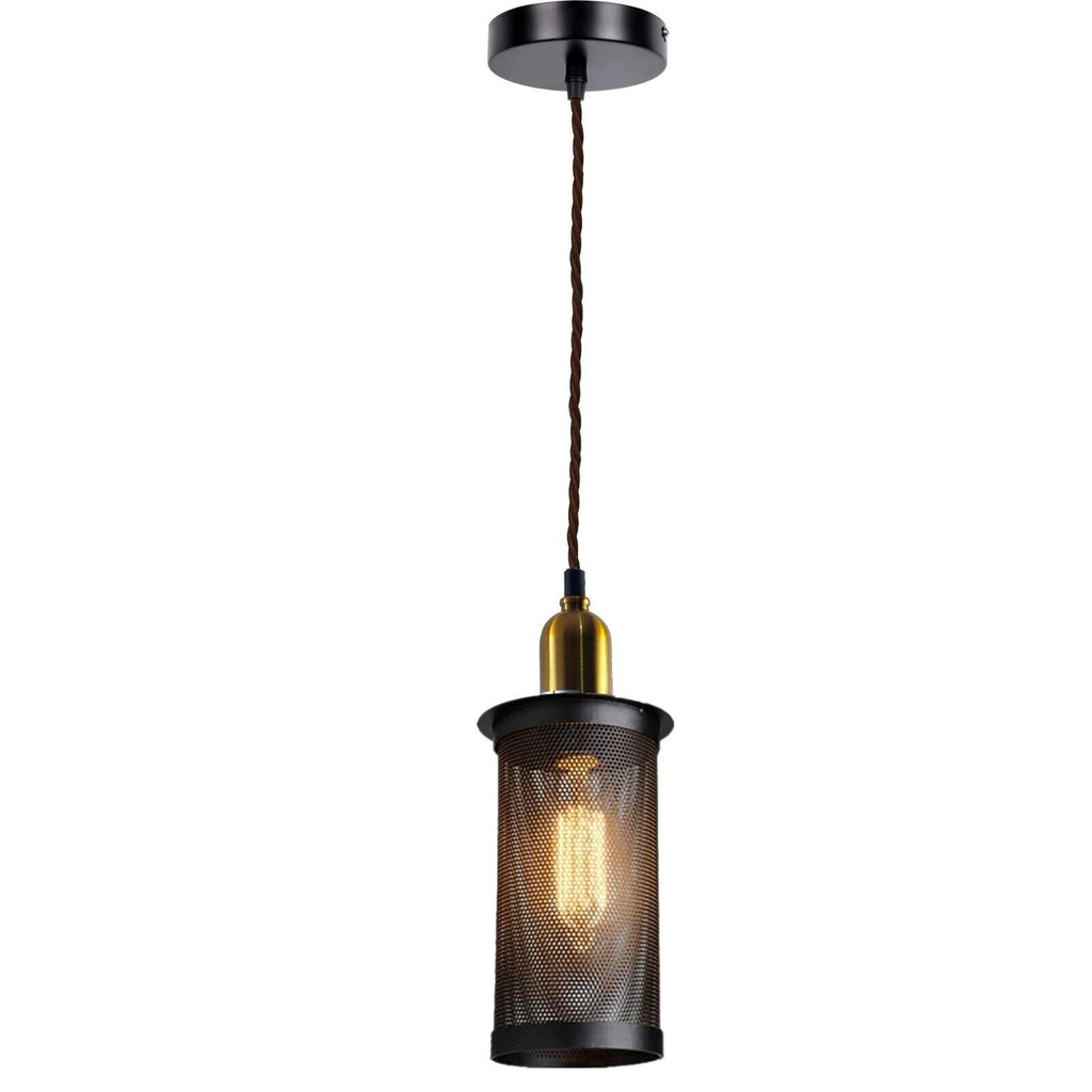 Industrial Retro Metal Drum Cage Pendant Light with Gold E27 Holder